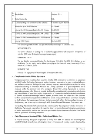 16 | P a g e
Sr.
No
Particulars Amount (Rs.)
1 Initial listing fee NIL
2 Annual Listing Fee for tenure of the scheme: 6 months or part thereof
Issue size up to Rs.100 Crores Rs. 16,000
Above Rs.100 Crores and up to Rs.300 Crores. Rs. 29,000
Above Rs.300 Crores and up to Rs.500 Crores. Rs. 47,000
Above Rs.500 Crores and up to Rs. 1000 Crores Rs. 78,000
Above 1000 Crores Rs. 1,25,000
For tenure beyond 6 months, fees payable will be in multiple of 6 months fees.
APPLICABILITY
The above schedule of Listing Fee is uniformly applicable for all companies irrespective of
whether BSE is the designated stock exchange or not.
PAYMENT DATE
The last date for payment of Listing Fee for the year 2010-11 is April 30, 2010. Failure to pay
the Listing Fee (for equity and/or debt segment) by the due date will attract interest @ 12% per
annum w.e.f. May 1, 2010.
SERVICE TAX
Service Tax is payable on the listing fee at the applicable rates.
• Compliance with the Listing Agreement
Companies desirous of getting their securities listed at BSE are required to enter into an agreement
with BSE called the Listing Agreement, under which they are required to make certain disclosures
and perform certain acts, failing which the company may face some disciplinary action, including
suspension/delisting of securities. As such, the Listing Agreement is of great importance and is
executed under the common seal of a company. Under the Listing Agreement, a company
undertakes, amongst other things, to provide facilities for prompt transfer, registration, sub-division
and consolidation of securities; to give proper notice of closure of transfer books and record dates,
to forward 6 copies of unabridged Annual Reports, Balance Sheets and Profit and Loss Accounts
to BSE, to file shareholding patterns and financial results on a quarterly basis; to intimate promptly
to the Exchange the happenings which are likely to materially affect the financial performance of
the Company and its stock prices, to comply with the conditions of Corporate Governance, etc.
The Listing Department of BSE monitors the compliance by the companies with the provisions of
the Listing Agreement, especially with regard to timely payment of annual listing fees, submission
of results, shareholding patterns and corporate governance reports on a quarterly basis. Penal action
is taken against the defaulting companies.
• Cash Management Services (CMS) - Collection of Listing Fees
In order to simplify the system of payment of listing fees, BSE has entered into an arrangement
with HDFC Bank for collection of listing fees from 141 locations all over the country.Details of the
 