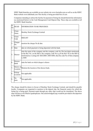 17 | P a g e
HDFC Bank branches are available on our website site www.bseindia.com as well as on the HDFC
Bank website www.hdfcbank.com This facility is being provided free of cost.
Companies intending to utilize this facility for payment of listing fee should furnish the information
(as mentioned below) in the Cash Management Cash Deposit Slip. These slips are available at all
the HDFC Bank branches.
Sl.
No
HEAD INFORMATION TO BE PROVIDED
1.
Client
Name
Bombay Stock Exchange Limited
2.
Client
Code
BSELIST
3.
Cheque
No.
mention the cheque No & date
4. Date date on which payment is being deposited with the bank.
5. Drawer
state the name of the company and the company code No.The last digits mentioned
in the Ref. No. on the Bill is the company code No.e.g If the Ref. No in the Bill is
mentioned as: Listing/Alf- Bill/2004- 2005/4488, then the code No of that company
is 4488
6.
Drawee
Bank
state the bank on which cheque is drawn
7.
Drawn on
Location
Mention the location of the drawee bank.
8.
Pickup
Location
Not applicable
9.
No. of
Insts
Not applicable
The cheque should be drawn in favour of Bombay Stock Exchange Limited, and should be payable
locally. Companies are requested to mention in the deposit slip, the financial year(s) for which the
listing fee is being paid. Payment made through any other slips would not be considered. The above
slips will have to be filled in quadruplicate. One acknowledged copy would be provided to the depositor
by the HDFC Bank.
 