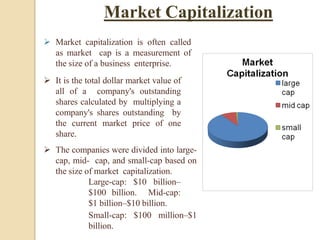 Market Capitalization
 Market capitalization is often called
as market cap is a measurement of
the size of a business enterprise.
 It is the total dollar market value of
all of a company's outstanding
shares calculated by multiplying a
company's shares outstanding by
the current market price of one
share.
 The companies were divided into large-
cap, mid- cap, and small-cap based on
the size of market capitalization.
Large-cap: $10 billion–
$100 billion. Mid-cap:
$1 billion–$10 billion.
Small-cap: $100 million–$1
billion.
 