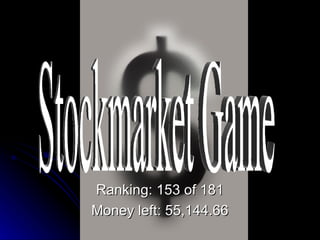 Ranking: 153 of 181 Money left: 55,144.66 Stockmarket Game 