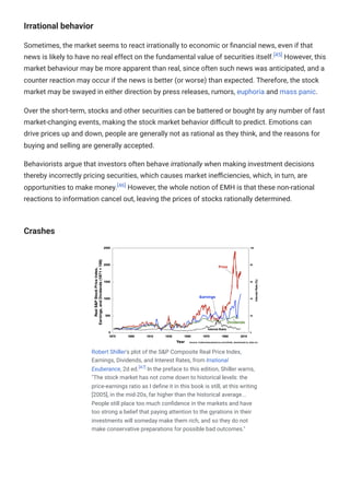 Irrational behavior
Sometimes, the market seems to react irrationally to economic or financial news, even if that
news is likely to have no real effect on the fundamental value of securities itself.[45]
However, this
market behaviour may be more apparent than real, since often such news was anticipated, and a
counter reaction may occur if the news is better (or worse) than expected. Therefore, the stock
market may be swayed in either direction by press releases, rumors, euphoria and mass panic.
Over the short-term, stocks and other securities can be battered or bought by any number of fast
market-changing events, making the stock market behavior difficult to predict. Emotions can
drive prices up and down, people are generally not as rational as they think, and the reasons for
buying and selling are generally accepted.
Behaviorists argue that investors often behave irrationally when making investment decisions
thereby incorrectly pricing securities, which causes market inefficiencies, which, in turn, are
opportunities to make money.[46]
However, the whole notion of EMH is that these non-rational
reactions to information cancel out, leaving the prices of stocks rationally determined.
Crashes
Robert Shiller's plot of the S&P Composite Real Price Index,
Earnings, Dividends, and Interest Rates, from Irrational
Exuberance, 2d ed.[47]
In the preface to this edition, Shiller warns,
"The stock market has not come down to historical levels: the
price-earnings ratio as I define it in this book is still, at this writing
[2005], in the mid-20s, far higher than the historical average...
People still place too much confidence in the markets and have
too strong a belief that paying attention to the gyrations in their
investments will someday make them rich, and so they do not
make conservative preparations for possible bad outcomes."
 