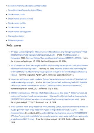 Securities market participants (United States)
Securities regulation in the United States
Stock market crash
Stock market crashes in India
Stock market bubble
Stock market cycles
Stock market data systems
Standard deviation
Risk management
1. "FY 2023 Market Highlights" (https://www.world-exchanges.org/storage/app/media/FY%20
2023%20Market%20Highlights%20Report%20v3.pdf) (PDF). World Federation of
Exchanges. 2023. Archived (https://data.worldbank.org/indicator/CM.MKT.LCAP.CD) from
the original on September 17, 2024. Retrieved September 17, 2024.
2. "All of the World's Stock Exchanges by Size" (http://money.visualcapitalist.com/all-of-the-wo
rlds-stock-exchanges-by-size/) . February 16, 2016. Archived (https://web.archive.org/we
b/20160414012445/http://money.visualcapitalist.com/all-of-the-worlds-stock-exchanges-b
y-size/) from the original on April 14, 2016. Retrieved September 29, 2016.
3. "countries with largest stock markets" (https://www.statista.com/statistics/710680/global-
stock-markets-by-country/) . statista. Archived (https://web.archive.org/web/2021060806
1951/https://www.statista.com/statistics/710680/global-stock-markets-by-country/)
from the original on June 8, 2021. Retrieved May 9, 2020.
4. "IBM Investor relations - FAQ | On what stock exchanges is IBM listed ?" (http://www.ibm.co
m/investor/faq/item/stock-exchanges.wss) . IBM. Archived (https://web.archive.org/web/
20120417130326/http://www.ibm.com/investor/faq/item/stock-exchanges.wss) from
the original on April 17, 2012. Retrieved June 19, 2014.
5. "UBS, Goldman wean away trade from NYSE, Nasdaq" (https://economictimes.indiatimes.co
m/ubs-goldman-wean-away-trade-from-nyse-nasdaq/articleshow/726712.cms) . The
Economic Times. December 6, 2006. Archived (https://web.archive.org/web/202004140618
07/https://economictimes.indiatimes.com/ubs-goldman-wean-away-trade-from-nyse-nasda
q/articleshow/726712.cms) from the original on April 14, 2020. Retrieved December 8,
2019.
References
 