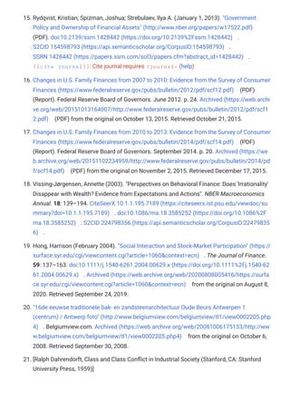 15. Rydqvist, Kristian; Spizman, Joshua; Strebulaev, Ilya A. (January 1, 2013). "Government
Policy and Ownership of Financial Assets" (http://www.nber.org/papers/w17522.pdf)
(PDF). doi:10.2139/ssrn.1428442 (https://doi.org/10.2139%2Fssrn.1428442) .
S2CID 154598793 (https://api.semanticscholar.org/CorpusID:154598793) .
SSRN 1428442 (https://papers.ssrn.com/sol3/papers.cfm?abstract_id=1428442) .
{{cite journal}}: Cite journal requires |journal= (help)
16. Changes in U.S. Family Finances from 2007 to 2010: Evidence from the Survey of Consumer
Finances (https://www.federalreserve.gov/pubs/bulletin/2012/pdf/scf12.pdf) (PDF)
(Report). Federal Reserve Board of Governors. June 2012. p. 24. Archived (https://web.archi
ve.org/web/20151013164007/http://www.federalreserve.gov/pubs/bulletin/2012/pdf/scf1
2.pdf) (PDF) from the original on October 13, 2015. Retrieved October 21, 2015.
17. Changes in U.S. Family Finances from 2010 to 2013: Evidence from the Survey of Consumer
Finances (https://www.federalreserve.gov/pubs/bulletin/2014/pdf/scf14.pdf) (PDF)
(Report). Federal Reserve Board of Governors. September 2014. p. 20. Archived (https://we
b.archive.org/web/20151102234959/http://www.federalreserve.gov/pubs/bulletin/2014/pd
f/scf14.pdf) (PDF) from the original on November 2, 2015. Retrieved December 17, 2015.
18. Vissing-Jørgensen, Annette (2003). "Perspectives on Behavioral Finance: Does 'Irrationality'
Disappear with Wealth? Evidence from Expectations and Actions". NBER Macroeconomics
Annual. 18: 139–194. CiteSeerX 10.1.1.195.7189 (https://citeseerx.ist.psu.edu/viewdoc/su
mmary?doi=10.1.1.195.7189) . doi:10.1086/ma.18.3585252 (https://doi.org/10.1086%2F
ma.18.3585252) . S2CID 224798356 (https://api.semanticscholar.org/CorpusID:22479835
6) .
19. Hong, Harrison (February 2004). "Social Interaction and Stock-Market Participation" (https://
surface.syr.edu/cgi/viewcontent.cgi?article=1060&context=ecn) . The Journal of Finance.
59: 137–163. doi:10.1111/j.1540-6261.2004.00629.x (https://doi.org/10.1111%2Fj.1540-62
61.2004.00629.x) . Archived (https://web.archive.org/web/20200808005416/https://surfa
ce.syr.edu/cgi/viewcontent.cgi?article=1060&context=ecn) from the original on August 8,
2020. Retrieved September 24, 2019.
20. "16de eeuwse traditionele bak- en zandsteenarchitectuur Oude Beurs Antwerpen 1
(centrum) / Antwerp foto" (http://www.belgiumview.com/belgiumview/tl1/view0002205.php
4) . Belgiumview.com. Archived (https://web.archive.org/web/20081006175133/http://ww
w.belgiumview.com/belgiumview/tl1/view0002205.php4) from the original on October 6,
2008. Retrieved September 30, 2008.
21. [Ralph Dahrendorft, Class and Class Conflict in Industrial Society (Stanford, CA: Stanford
University Press, 1959)]
 