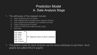 Prediction Model
A. Data Analysis Stage
1. The attributes of the dataset include:
a. Open (Opening price of Stock)
b. High (Highest price possible at an instance of time)
c. Low (Lowest price possible at an instance of time)
d. Close (Closing price of stock)
e. Volume (Total times traded during a day)
f. Split ratio
1. The graphs made for stock analysis use the above attributes to plot them. Such
graphs are called OHLCV graphs
 