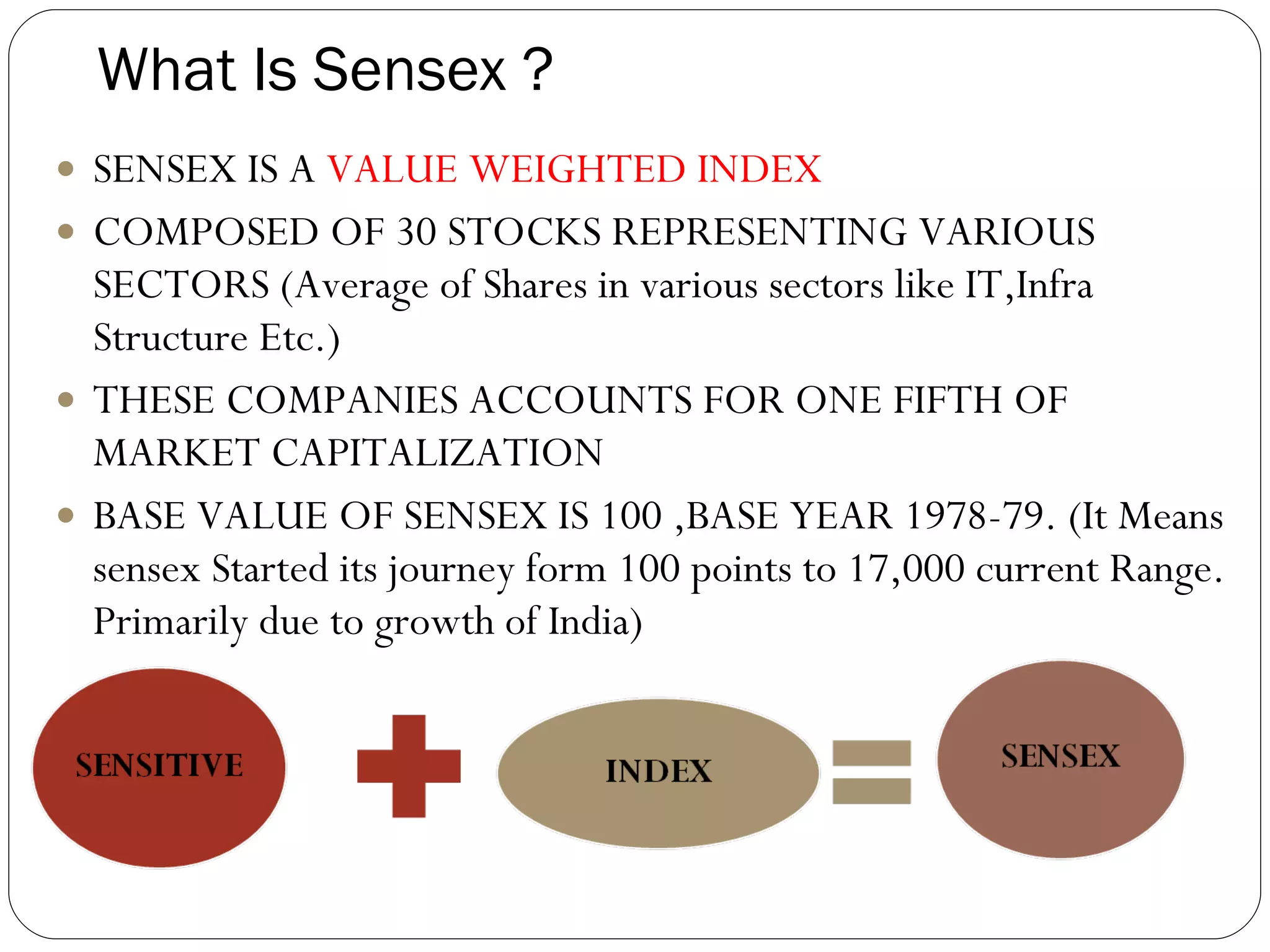 What Is Sensex ? SENSEX IS A  VALUE WEIGHTED INDEX COMPOSED OF 30 STOCKS REPRESENTING VARIOUS SECTORS (Average of Shares in various sectors like IT,Infra Structure Etc.) THESE COMPANIES ACCOUNTS FOR ONE FIFTH OF MARKET CAPITALIZATION BASE VALUE OF SENSEX IS 100 ,BASE YEAR 1978-79. (It Means sensex Started its journey form 100 points to 17,000 current Range. Primarily due to growth of India) 