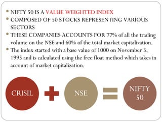 NIFTY 50 IS A  VALUE WEIGHTED INDEX COMPOSED OF 50 STOCKS REPRESENTING VARIOUS SECTORS THESE COMPANIES ACCOUNTS FOR  77% of all the trading volume on the NSE and 60% of the total market capitalization.   The index started with a base value of 1000 on November 3, 1995 and is calculated using the free float method which takes in account of market capitalization.    