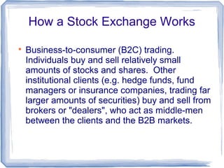 How a Stock Exchange Works


    Business-to-consumer (B2C) trading.
    Individuals buy and sell relatively small
    amounts of stocks and shares. Other
    institutional clients (e.g. hedge funds, fund
    managers or insurance companies, trading far
    larger amounts of securities) buy and sell from
    brokers or "dealers", who act as middle-men
    between the clients and the B2B markets.
 