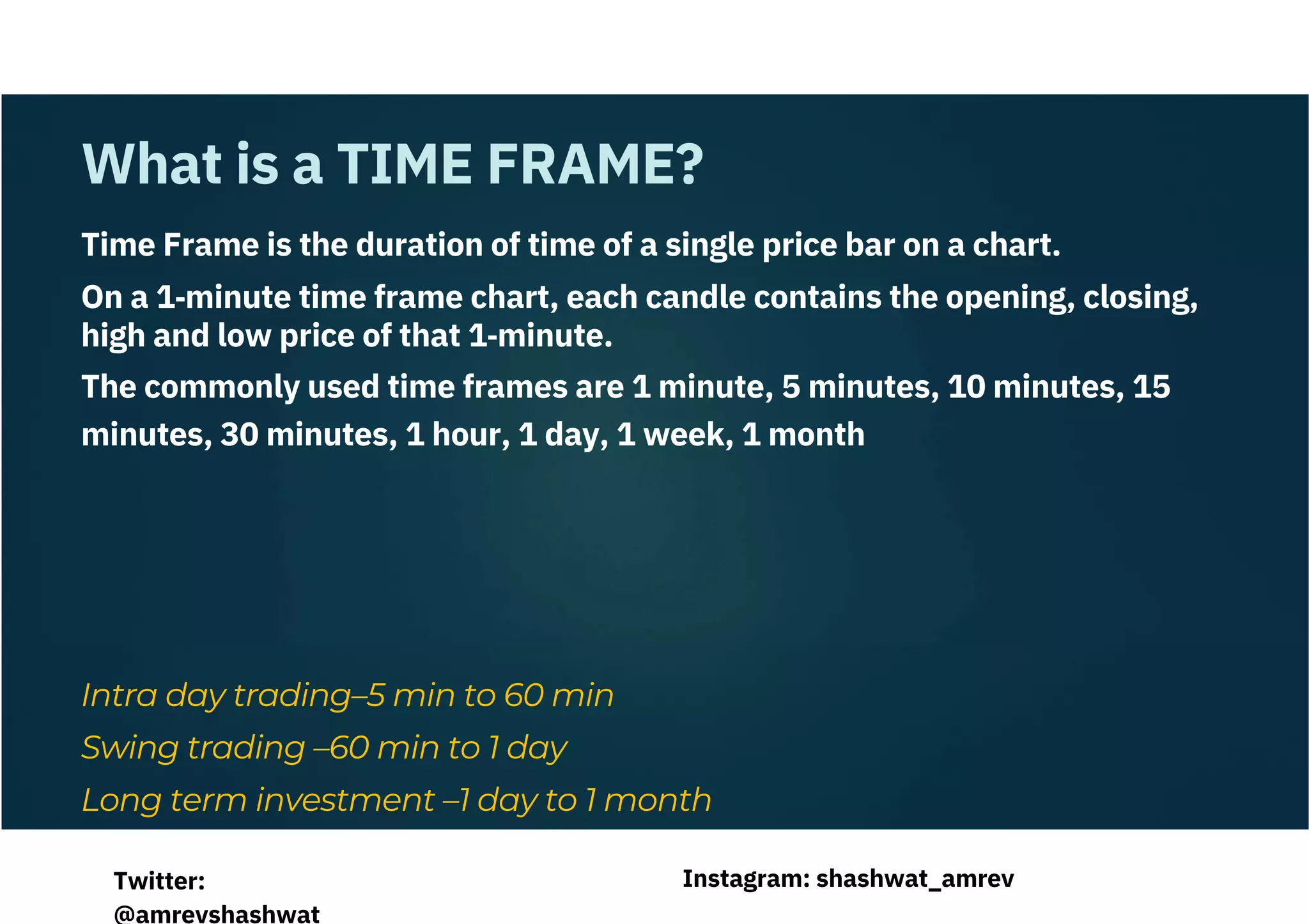 Time Frame is the duration of time of a single price bar on a chart.
On a 1‐minute time frame chart, each candle contains the opening, closing,
high and low price of that 1‐minute.
The commonly used time frames are 1 minute, 5 minutes, 10 minutes, 15
minutes, 30 minutes, 1 hour, 1 day, 1 week, 1 month
Intra day trading–5 min to 60 min
Swing trading –60 min to 1 day
Long term investment –1 day to 1 month
What is a TIME FRAME?
Instagram: shashwat_amrev
Twitter:
@amrevshashwat
 