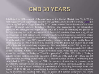 Established in 1981, a result of the enactment of the Capital Market Law No. 2499, the
first regulatory and supervisory board of the Capital Markets Board of Turkey (CMB ) is
celebrating 30th years of age. Assembly 30 on the occasion of the anniversary of the event
titled'','' Financial Markets Regulatory Reform, and according to the information
provided, the arrangements began in the 1980s as a result of continuing the process of
Turkey entering the rapid development of the capital markets, there was a significant
improvement on both primary and secondary markets. In this context, Number of shares
of companies traded in the Istanbul Stock Exchange was founded at the end of 1986 was
80 at the end of 2011 was 371'e. annual trading volume of stocks traded on the Istanbul
Stock Exchange in 1986, 9 million ($ 13 million), while 694 billion 876 million TL in 2011
(423 billion 584 million dollars), respectively. First established in 1987, 590 by the end of
2011, the number of investment funds, portfolio value of 27 billion pounds (48.6 billion
dollars) reached. A total of 56 foreign investment fund, while the total value of their
shares in circulation in Turkey of 55 million pounds (31 million U.S. dollars). Turkey's
private pension system came into operation in 2003. As of the end of 2011 there are 165
pension funds, reaching a total value of 14.3 million pounds of funds (7.9 million). first
established in 1991 by the end of 2011, the number of securities investment trusts
27, while the market value of 690 million pounds (383 million) increased. 2,011 by the end
of the CMB was a record number of partnerships 634.Including brokerage firms and
banks 100 40 89 140 active intermediary institutions, portfolio management companies
32, 92 independent auditing firm, and 110 pieces of 6 ratings company's real estate
 