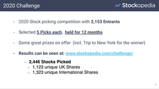 2020 Challenge
4
- 2020 Stock picking competition with 2,153 Entrants
- Selected 5 Picks each, held for 12 months
- Some great prizes on offer (incl. Trip to New York for the winner)
- Results can be seen at: www.stockopedia.com/challenge/
 