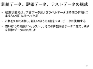 訓練データ、評価データ、テストデータの構成
• 初期状態では、学習データおよびラベルデータは時間の昇順（つ
まり古い順）に並べてある
• これを9:1に分割し、新しいほうの1割をテストデータに使用する
• 古いほうの9割はシャッフルし、その1割を評価データに充て、残り
を訓練データに使用した
17
 