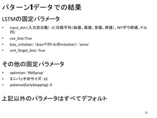 パターン1データでの結果
LSTMの固定パラメータ
• input_dim（入力次元数）：6（日経平均（始値、高値、安値、終値）、ＮＹダウ終値、ドル
円）
• use_bias:True
• bias_initializer: （biasベクトルのInitializer）：’zeros’
• unit_forget_bias: True
その他の固定パラメータ
• optimizer: ‘RMSprop‘
• ミニバッチのサイズ：10
• patience(EarlyStopping): 0
上記以外のパラメータはすべてデフォルト
22
 