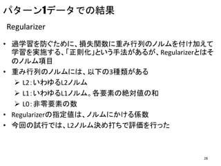 パターン1データでの結果
Regularizer
• 過学習を防ぐために、損失関数に重み行列のノルムを付け加えて
学習を実施する、「正則化」という手法があるが、Regularizerとはそ
のノルム項目
• 重み行列のノルムには、以下の3種類がある
 L2：いわゆるL2ノルム
 L1：いわゆるL1ノルム。各要素の絶対値の和
 L0：非零要素の数
• Regularizerの指定値は、ノルムにかける係数
• 今回の試行では、L2ノルム決め打ちで評価を行った
28
 