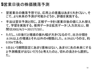 5営業日後の株価騰落予測
• 翌営業日の騰落予想では、応用上の意義はあまり大きくない。そ
こで、より未来の予測が可能かどうか、評価を実施する。
• 手法は翌日予測と同じ。正解データを5営業日後の値に入れ替え
て、学習を実施する。使用データは拡充データ（入力次元12、期
間は2002/4/2～2017/7/20）。
• ただし、5日後だと増減の振れ幅が大きくなるので、出力分類を
±3%以上の増減とそれ以外の4種類とした。±3%というのは、約
0.93σである。
• 5日という期間設定にあまり意味はない。あまりに先の未来にする
と予測精度が出ないだろうと考えたのと、切れの良さから選択し
た。
52
 