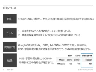 © 2019 Masaharu Kinoshita
⽬的 分析の引き出しを増やし、かつ、お客様へ理論的な説明も実施できる状態になる
ゴール
1. 画像タスク以外へのCNNのユースケースを知っている
2. 基本的な深層学習モデルとOptimizerの理論を理解している
⽬的とゴール
19 9 July 2019
問題設定
Googleの株価をRNN, LSTM, 1d CNN+LSTMで予測し、評価する。
MSE・学習時間の観点で結果を評価することで、CNNの有⽤性を検証する。
結論
MSE・学習時間を軸としてCNNの
時系列タスクの有⽤性が確認された。
 