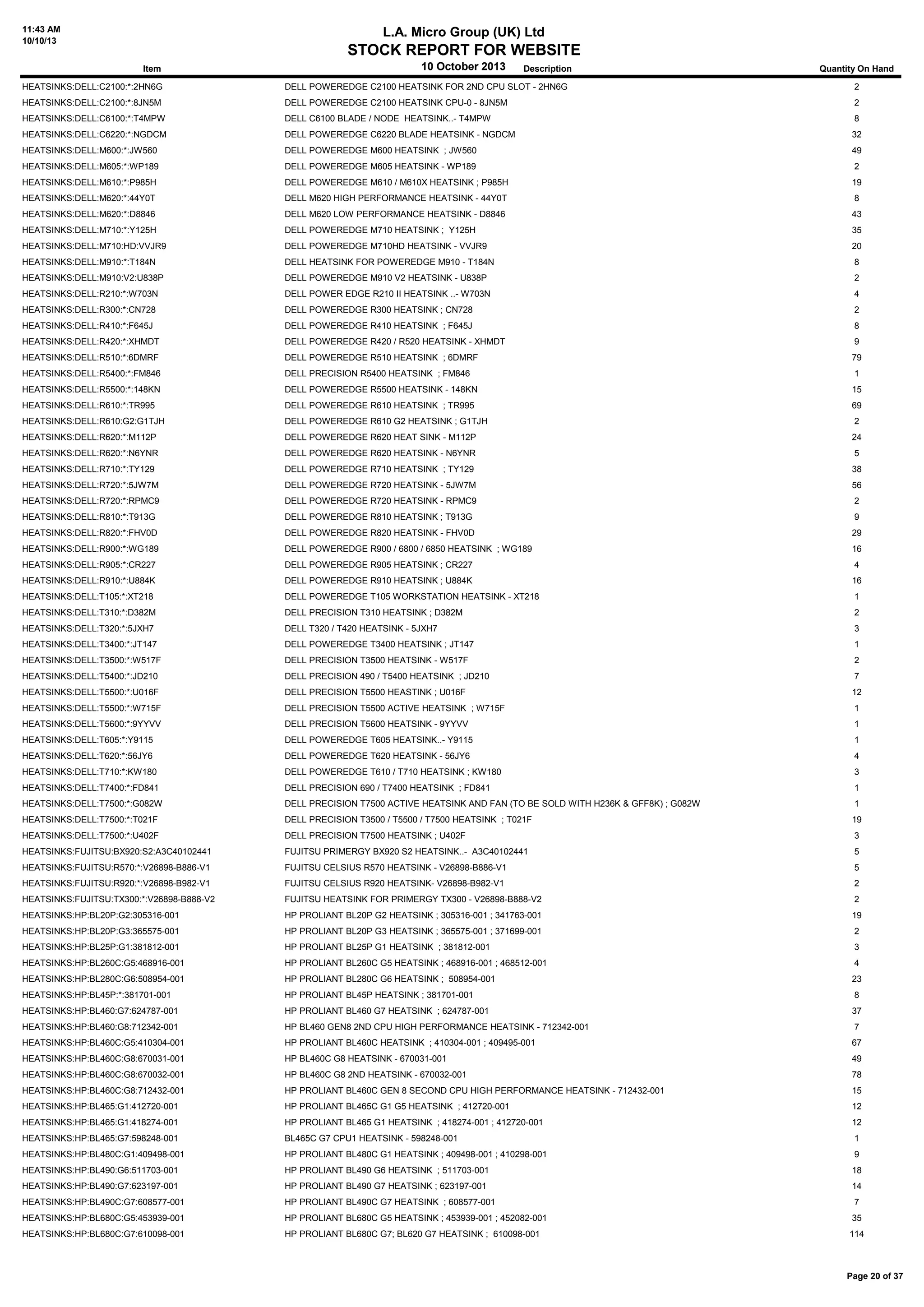 11:43 AM
10/10/13
L.A. Micro Group (UK) Ltd
STOCK REPORT FOR WEBSITE
10 October 2013Item Description Quantity On Hand
HEATSINKS:DELL:C2100:*:2HN6G DELL POWEREDGE C2100 HEATSINK FOR 2ND CPU SLOT - 2HN6G 2
HEATSINKS:DELL:C2100:*:8JN5M DELL POWEREDGE C2100 HEATSINK CPU-0 - 8JN5M 2
HEATSINKS:DELL:C6100:*:T4MPW DELL C6100 BLADE / NODE HEATSINK..- T4MPW 8
HEATSINKS:DELL:C6220:*:NGDCM DELL POWEREDGE C6220 BLADE HEATSINK - NGDCM 32
HEATSINKS:DELL:M600:*:JW560 DELL POWEREDGE M600 HEATSINK ; JW560 49
HEATSINKS:DELL:M605:*:WP189 DELL POWEREDGE M605 HEATSINK - WP189 2
HEATSINKS:DELL:M610:*:P985H DELL POWEREDGE M610 / M610X HEATSINK ; P985H 19
HEATSINKS:DELL:M620:*:44Y0T DELL M620 HIGH PERFORMANCE HEATSINK - 44Y0T 8
HEATSINKS:DELL:M620:*:D8846 DELL M620 LOW PERFORMANCE HEATSINK - D8846 43
HEATSINKS:DELL:M710:*:Y125H DELL POWEREDGE M710 HEATSINK ; Y125H 35
HEATSINKS:DELL:M710:HD:VVJR9 DELL POWEREDGE M710HD HEATSINK - VVJR9 20
HEATSINKS:DELL:M910:*:T184N DELL HEATSINK FOR POWEREDGE M910 - T184N 8
HEATSINKS:DELL:M910:V2:U838P DELL POWEREDGE M910 V2 HEATSINK - U838P 2
HEATSINKS:DELL:R210:*:W703N DELL POWER EDGE R210 II HEATSINK ..- W703N 4
HEATSINKS:DELL:R300:*:CN728 DELL POWEREDGE R300 HEATSINK ; CN728 2
HEATSINKS:DELL:R410:*:F645J DELL POWEREDGE R410 HEATSINK ; F645J 8
HEATSINKS:DELL:R420:*:XHMDT DELL POWEREDGE R420 / R520 HEATSINK - XHMDT 9
HEATSINKS:DELL:R510:*:6DMRF DELL POWEREDGE R510 HEATSINK ; 6DMRF 79
HEATSINKS:DELL:R5400:*:FM846 DELL PRECISION R5400 HEATSINK ; FM846 1
HEATSINKS:DELL:R5500:*:148KN DELL POWEREDGE R5500 HEATSINK - 148KN 15
HEATSINKS:DELL:R610:*:TR995 DELL POWEREDGE R610 HEATSINK ; TR995 69
HEATSINKS:DELL:R610:G2:G1TJH DELL POWEREDGE R610 G2 HEATSINK ; G1TJH 2
HEATSINKS:DELL:R620:*:M112P DELL POWEREDGE R620 HEAT SINK - M112P 24
HEATSINKS:DELL:R620:*:N6YNR DELL POWEREDGE R620 HEATSINK - N6YNR 5
HEATSINKS:DELL:R710:*:TY129 DELL POWEREDGE R710 HEATSINK ; TY129 38
HEATSINKS:DELL:R720:*:5JW7M DELL POWEREDGE R720 HEATSINK - 5JW7M 56
HEATSINKS:DELL:R720:*:RPMC9 DELL POWEREDGE R720 HEATSINK - RPMC9 2
HEATSINKS:DELL:R810:*:T913G DELL POWEREDGE R810 HEATSINK ; T913G 9
HEATSINKS:DELL:R820:*:FHV0D DELL POWEREDGE R820 HEATSINK - FHV0D 29
HEATSINKS:DELL:R900:*:WG189 DELL POWEREDGE R900 / 6800 / 6850 HEATSINK ; WG189 16
HEATSINKS:DELL:R905:*:CR227 DELL POWEREDGE R905 HEATSINK ; CR227 4
HEATSINKS:DELL:R910:*:U884K DELL POWEREDGE R910 HEATSINK ; U884K 16
HEATSINKS:DELL:T105:*:XT218 DELL POWEREDGE T105 WORKSTATION HEATSINK - XT218 1
HEATSINKS:DELL:T310:*:D382M DELL PRECISION T310 HEATSINK ; D382M 2
HEATSINKS:DELL:T320:*:5JXH7 DELL T320 / T420 HEATSINK - 5JXH7 3
HEATSINKS:DELL:T3400:*:JT147 DELL POWEREDGE T3400 HEATSINK ; JT147 1
HEATSINKS:DELL:T3500:*:W517F DELL PRECISION T3500 HEATSINK - W517F 2
HEATSINKS:DELL:T5400:*:JD210 DELL PRECISION 490 / T5400 HEATSINK ; JD210 7
HEATSINKS:DELL:T5500:*:U016F DELL PRECISION T5500 HEASTINK ; U016F 12
HEATSINKS:DELL:T5500:*:W715F DELL PRECISION T5500 ACTIVE HEATSINK ; W715F 1
HEATSINKS:DELL:T5600:*:9YYVV DELL PRECISION T5600 HEATSINK - 9YYVV 1
HEATSINKS:DELL:T605:*:Y9115 DELL POWEREDGE T605 HEATSINK..- Y9115 1
HEATSINKS:DELL:T620:*:56JY6 DELL POWEREDGE T620 HEATSINK - 56JY6 4
HEATSINKS:DELL:T710:*:KW180 DELL POWEREDGE T610 / T710 HEATSINK ; KW180 3
HEATSINKS:DELL:T7400:*:FD841 DELL PRECISION 690 / T7400 HEATSINK ; FD841 1
HEATSINKS:DELL:T7500:*:G082W DELL PRECISION T7500 ACTIVE HEATSINK AND FAN (TO BE SOLD WITH H236K & GFF8K) ; G082W 1
HEATSINKS:DELL:T7500:*:T021F DELL PRECISION T3500 / T5500 / T7500 HEATSINK ; T021F 19
HEATSINKS:DELL:T7500:*:U402F DELL PRECISION T7500 HEATSINK ; U402F 3
HEATSINKS:FUJITSU:BX920:S2:A3C40102441 FUJITSU PRIMERGY BX920 S2 HEATSINK..- A3C40102441 5
HEATSINKS:FUJITSU:R570:*:V26898-B886-V1 FUJITSU CELSIUS R570 HEATSINK - V26898-B886-V1 5
HEATSINKS:FUJITSU:R920:*:V26898-B982-V1 FUJITSU CELSIUS R920 HEATSINK- V26898-B982-V1 2
HEATSINKS:FUJITSU:TX300:*:V26898-B888-V2 FUJITSU HEATSINK FOR PRIMERGY TX300 - V26898-B888-V2 2
HEATSINKS:HP:BL20P:G2:305316-001 HP PROLIANT BL20P G2 HEATSINK ; 305316-001 ; 341763-001 19
HEATSINKS:HP:BL20P:G3:365575-001 HP PROLIANT BL20P G3 HEATSINK ; 365575-001 ; 371699-001 2
HEATSINKS:HP:BL25P:G1:381812-001 HP PROLIANT BL25P G1 HEATSINK ; 381812-001 3
HEATSINKS:HP:BL260C:G5:468916-001 HP PROLIANT BL260C G5 HEATSINK ; 468916-001 ; 468512-001 4
HEATSINKS:HP:BL280C:G6:508954-001 HP PROLIANT BL280C G6 HEATSINK ; 508954-001 23
HEATSINKS:HP:BL45P:*:381701-001 HP PROLIANT BL45P HEATSINK ; 381701-001 8
HEATSINKS:HP:BL460:G7:624787-001 HP PROLIANT BL460 G7 HEATSINK ; 624787-001 37
HEATSINKS:HP:BL460:G8:712342-001 HP BL460 GEN8 2ND CPU HIGH PERFORMANCE HEATSINK - 712342-001 7
HEATSINKS:HP:BL460C:G5:410304-001 HP PROLIANT BL460C HEATSINK ; 410304-001 ; 409495-001 67
HEATSINKS:HP:BL460C:G8:670031-001 HP BL460C G8 HEATSINK - 670031-001 49
HEATSINKS:HP:BL460C:G8:670032-001 HP BL460C G8 2ND HEATSINK - 670032-001 78
HEATSINKS:HP:BL460C:G8:712432-001 HP PROLIANT BL460C GEN 8 SECOND CPU HIGH PERFORMANCE HEATSINK - 712432-001 15
HEATSINKS:HP:BL465:G1:412720-001 HP PROLIANT BL465C G1 G5 HEATSINK ; 412720-001 12
HEATSINKS:HP:BL465:G1:418274-001 HP PROLIANT BL465 G1 HEATSINK ; 418274-001 ; 412720-001 12
HEATSINKS:HP:BL465:G7:598248-001 BL465C G7 CPU1 HEATSINK - 598248-001 1
HEATSINKS:HP:BL480C:G1:409498-001 HP PROLIANT BL480C G1 HEATSINK ; 409498-001 ; 410298-001 9
HEATSINKS:HP:BL490:G6:511703-001 HP PROLIANT BL490 G6 HEATSINK ; 511703-001 18
HEATSINKS:HP:BL490:G7:623197-001 HP PROLIANT BL490 G7 HEATSINK ; 623197-001 14
HEATSINKS:HP:BL490C:G7:608577-001 HP PROLIANT BL490C G7 HEATSINK ; 608577-001 7
HEATSINKS:HP:BL680C:G5:453939-001 HP PROLIANT BL680C G5 HEATSINK ; 453939-001 ; 452082-001 35
HEATSINKS:HP:BL680C:G7:610098-001 HP PROLIANT BL680C G7; BL620 G7 HEATSINK ; 610098-001 114
Page 20 of 37
 
