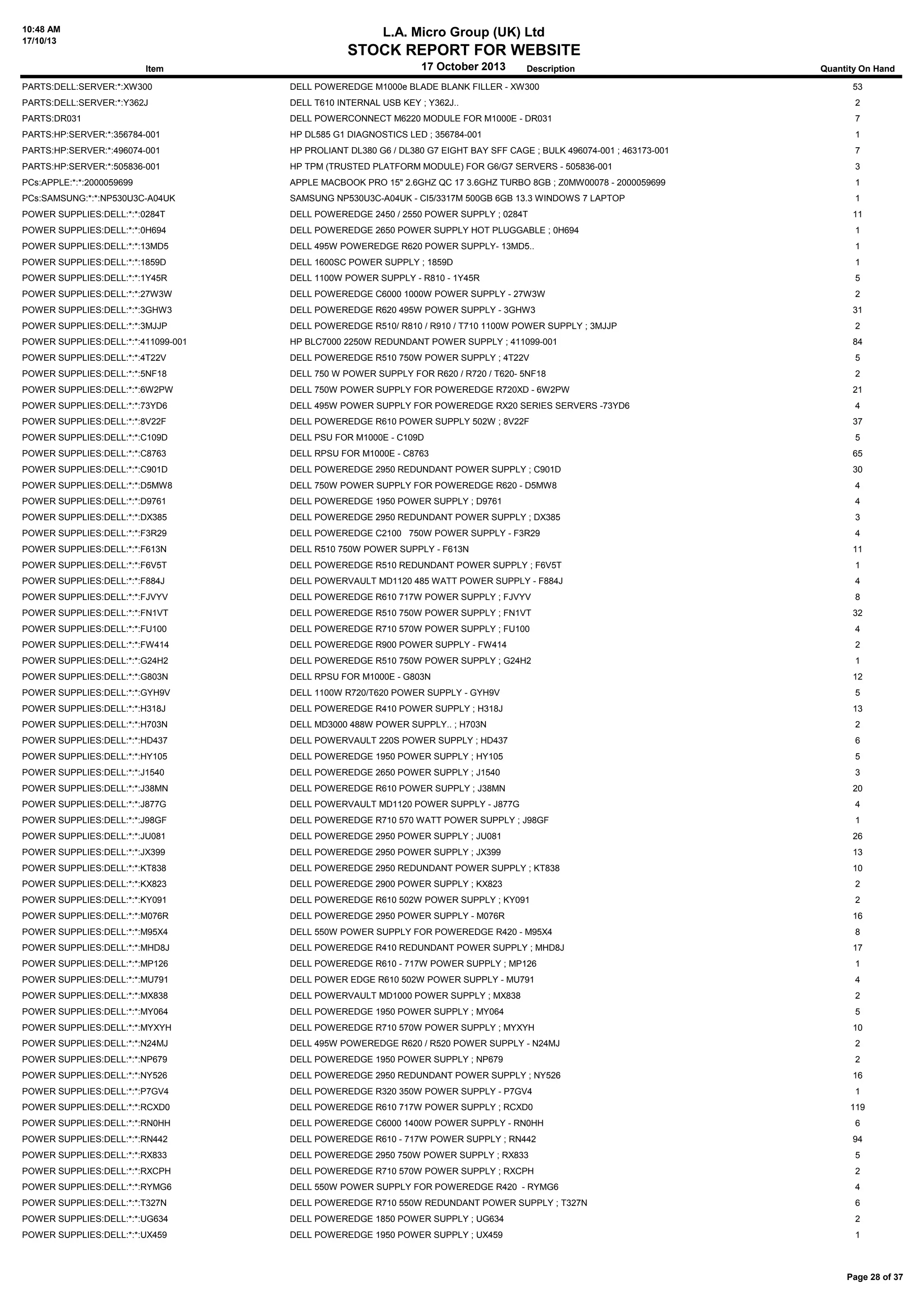 10:48 AM
17/10/13

L.A. Micro Group (UK) Ltd

STOCK REPORT FOR WEBSITE
Item

17 October 2013

Description

Quantity On Hand

PARTS:DELL:SERVER:*:XW300

DELL POWEREDGE M1000e BLADE BLANK FILLER - XW300

53

PARTS:DELL:SERVER:*:Y362J

DELL T610 INTERNAL USB KEY ; Y362J..

2

PARTS:DR031

DELL POWERCONNECT M6220 MODULE FOR M1000E - DR031

7

PARTS:HP:SERVER:*:356784-001

HP DL585 G1 DIAGNOSTICS LED ; 356784-001

1

PARTS:HP:SERVER:*:496074-001

HP PROLIANT DL380 G6 / DL380 G7 EIGHT BAY SFF CAGE ; BULK 496074-001 ; 463173-001

7

PARTS:HP:SERVER:*:505836-001

HP TPM (TRUSTED PLATFORM MODULE) FOR G6/G7 SERVERS - 505836-001

3

PCs:APPLE:*:*:2000059699

APPLE MACBOOK PRO 15" 2.6GHZ QC 17 3.6GHZ TURBO 8GB ; Z0MW00078 - 2000059699

1

PCs:SAMSUNG:*:*:NP530U3C-A04UK

SAMSUNG NP530U3C-A04UK - CI5/3317M 500GB 6GB 13.3 WINDOWS 7 LAPTOP

1

POWER SUPPLIES:DELL:*:*:0284T

DELL POWEREDGE 2450 / 2550 POWER SUPPLY ; 0284T

11

POWER SUPPLIES:DELL:*:*:0H694

DELL POWEREDGE 2650 POWER SUPPLY HOT PLUGGABLE ; 0H694

1

POWER SUPPLIES:DELL:*:*:13MD5

DELL 495W POWEREDGE R620 POWER SUPPLY- 13MD5..

1

POWER SUPPLIES:DELL:*:*:1859D

DELL 1600SC POWER SUPPLY ; 1859D

1

POWER SUPPLIES:DELL:*:*:1Y45R

DELL 1100W POWER SUPPLY - R810 - 1Y45R

5

POWER SUPPLIES:DELL:*:*:27W3W

DELL POWEREDGE C6000 1000W POWER SUPPLY - 27W3W

2

POWER SUPPLIES:DELL:*:*:3GHW3

DELL POWEREDGE R620 495W POWER SUPPLY - 3GHW3

31

POWER SUPPLIES:DELL:*:*:3MJJP

DELL POWEREDGE R510/ R810 / R910 / T710 1100W POWER SUPPLY ; 3MJJP

2

POWER SUPPLIES:DELL:*:*:411099-001

HP BLC7000 2250W REDUNDANT POWER SUPPLY ; 411099-001

84

POWER SUPPLIES:DELL:*:*:4T22V

DELL POWEREDGE R510 750W POWER SUPPLY ; 4T22V

5

POWER SUPPLIES:DELL:*:*:5NF18

DELL 750 W POWER SUPPLY FOR R620 / R720 / T620- 5NF18

2

POWER SUPPLIES:DELL:*:*:6W2PW

DELL 750W POWER SUPPLY FOR POWEREDGE R720XD - 6W2PW

21

POWER SUPPLIES:DELL:*:*:73YD6

DELL 495W POWER SUPPLY FOR POWEREDGE RX20 SERIES SERVERS -73YD6

4

POWER SUPPLIES:DELL:*:*:8V22F

DELL POWEREDGE R610 POWER SUPPLY 502W ; 8V22F

37

POWER SUPPLIES:DELL:*:*:C109D

DELL PSU FOR M1000E - C109D

5

POWER SUPPLIES:DELL:*:*:C8763

DELL RPSU FOR M1000E - C8763

65

POWER SUPPLIES:DELL:*:*:C901D

DELL POWEREDGE 2950 REDUNDANT POWER SUPPLY ; C901D

30

POWER SUPPLIES:DELL:*:*:D5MW8

DELL 750W POWER SUPPLY FOR POWEREDGE R620 - D5MW8

4

POWER SUPPLIES:DELL:*:*:D9761

DELL POWEREDGE 1950 POWER SUPPLY ; D9761

4

POWER SUPPLIES:DELL:*:*:DX385

DELL POWEREDGE 2950 REDUNDANT POWER SUPPLY ; DX385

3

POWER SUPPLIES:DELL:*:*:F3R29

DELL POWEREDGE C2100 750W POWER SUPPLY - F3R29

4

POWER SUPPLIES:DELL:*:*:F613N

DELL R510 750W POWER SUPPLY - F613N

11

POWER SUPPLIES:DELL:*:*:F6V5T

DELL POWEREDGE R510 REDUNDANT POWER SUPPLY ; F6V5T

1

POWER SUPPLIES:DELL:*:*:F884J

DELL POWERVAULT MD1120 485 WATT POWER SUPPLY - F884J

4

POWER SUPPLIES:DELL:*:*:FJVYV

DELL POWEREDGE R610 717W POWER SUPPLY ; FJVYV

8

POWER SUPPLIES:DELL:*:*:FN1VT

DELL POWEREDGE R510 750W POWER SUPPLY ; FN1VT

32

POWER SUPPLIES:DELL:*:*:FU100

DELL POWEREDGE R710 570W POWER SUPPLY ; FU100

4

POWER SUPPLIES:DELL:*:*:FW414

DELL POWEREDGE R900 POWER SUPPLY - FW414

2

POWER SUPPLIES:DELL:*:*:G24H2

DELL POWEREDGE R510 750W POWER SUPPLY ; G24H2

1

POWER SUPPLIES:DELL:*:*:G803N

DELL RPSU FOR M1000E - G803N

12

POWER SUPPLIES:DELL:*:*:GYH9V

DELL 1100W R720/T620 POWER SUPPLY - GYH9V

5

POWER SUPPLIES:DELL:*:*:H318J

DELL POWEREDGE R410 POWER SUPPLY ; H318J

13

POWER SUPPLIES:DELL:*:*:H703N

DELL MD3000 488W POWER SUPPLY.. ; H703N

2

POWER SUPPLIES:DELL:*:*:HD437

DELL POWERVAULT 220S POWER SUPPLY ; HD437

6

POWER SUPPLIES:DELL:*:*:HY105

DELL POWEREDGE 1950 POWER SUPPLY ; HY105

5

POWER SUPPLIES:DELL:*:*:J1540

DELL POWEREDGE 2650 POWER SUPPLY ; J1540

3

POWER SUPPLIES:DELL:*:*:J38MN

DELL POWEREDGE R610 POWER SUPPLY ; J38MN

20

POWER SUPPLIES:DELL:*:*:J877G

DELL POWERVAULT MD1120 POWER SUPPLY - J877G

4

POWER SUPPLIES:DELL:*:*:J98GF

DELL POWEREDGE R710 570 WATT POWER SUPPLY ; J98GF

1

POWER SUPPLIES:DELL:*:*:JU081

DELL POWEREDGE 2950 POWER SUPPLY ; JU081

26

POWER SUPPLIES:DELL:*:*:JX399

DELL POWEREDGE 2950 POWER SUPPLY ; JX399

13

POWER SUPPLIES:DELL:*:*:KT838

DELL POWEREDGE 2950 REDUNDANT POWER SUPPLY ; KT838

10

POWER SUPPLIES:DELL:*:*:KX823

DELL POWEREDGE 2900 POWER SUPPLY ; KX823

2

POWER SUPPLIES:DELL:*:*:KY091

DELL POWEREDGE R610 502W POWER SUPPLY ; KY091

2

POWER SUPPLIES:DELL:*:*:M076R

DELL POWEREDGE 2950 POWER SUPPLY - M076R

16

POWER SUPPLIES:DELL:*:*:M95X4

DELL 550W POWER SUPPLY FOR POWEREDGE R420 - M95X4

8

POWER SUPPLIES:DELL:*:*:MHD8J

DELL POWEREDGE R410 REDUNDANT POWER SUPPLY ; MHD8J

17

POWER SUPPLIES:DELL:*:*:MP126

DELL POWEREDGE R610 - 717W POWER SUPPLY ; MP126

1

POWER SUPPLIES:DELL:*:*:MU791

DELL POWER EDGE R610 502W POWER SUPPLY - MU791

4

POWER SUPPLIES:DELL:*:*:MX838

DELL POWERVAULT MD1000 POWER SUPPLY ; MX838

2

POWER SUPPLIES:DELL:*:*:MY064

DELL POWEREDGE 1950 POWER SUPPLY ; MY064

5

POWER SUPPLIES:DELL:*:*:MYXYH

DELL POWEREDGE R710 570W POWER SUPPLY ; MYXYH

10

POWER SUPPLIES:DELL:*:*:N24MJ

DELL 495W POWEREDGE R620 / R520 POWER SUPPLY - N24MJ

2

POWER SUPPLIES:DELL:*:*:NP679

DELL POWEREDGE 1950 POWER SUPPLY ; NP679

2

POWER SUPPLIES:DELL:*:*:NY526

DELL POWEREDGE 2950 REDUNDANT POWER SUPPLY ; NY526

16

POWER SUPPLIES:DELL:*:*:P7GV4

DELL POWEREDGE R320 350W POWER SUPPLY - P7GV4

1

POWER SUPPLIES:DELL:*:*:RCXD0

DELL POWEREDGE R610 717W POWER SUPPLY ; RCXD0

119

POWER SUPPLIES:DELL:*:*:RN0HH

DELL POWEREDGE C6000 1400W POWER SUPPLY - RN0HH

6

POWER SUPPLIES:DELL:*:*:RN442

DELL POWEREDGE R610 - 717W POWER SUPPLY ; RN442

94

POWER SUPPLIES:DELL:*:*:RX833

DELL POWEREDGE 2950 750W POWER SUPPLY ; RX833

5

POWER SUPPLIES:DELL:*:*:RXCPH

DELL POWEREDGE R710 570W POWER SUPPLY ; RXCPH

2

POWER SUPPLIES:DELL:*:*:RYMG6

DELL 550W POWER SUPPLY FOR POWEREDGE R420 - RYMG6

4

POWER SUPPLIES:DELL:*:*:T327N

DELL POWEREDGE R710 550W REDUNDANT POWER SUPPLY ; T327N

6

POWER SUPPLIES:DELL:*:*:UG634

DELL POWEREDGE 1850 POWER SUPPLY ; UG634

2

POWER SUPPLIES:DELL:*:*:UX459

DELL POWEREDGE 1950 POWER SUPPLY ; UX459

1

Page 28 of 37

 