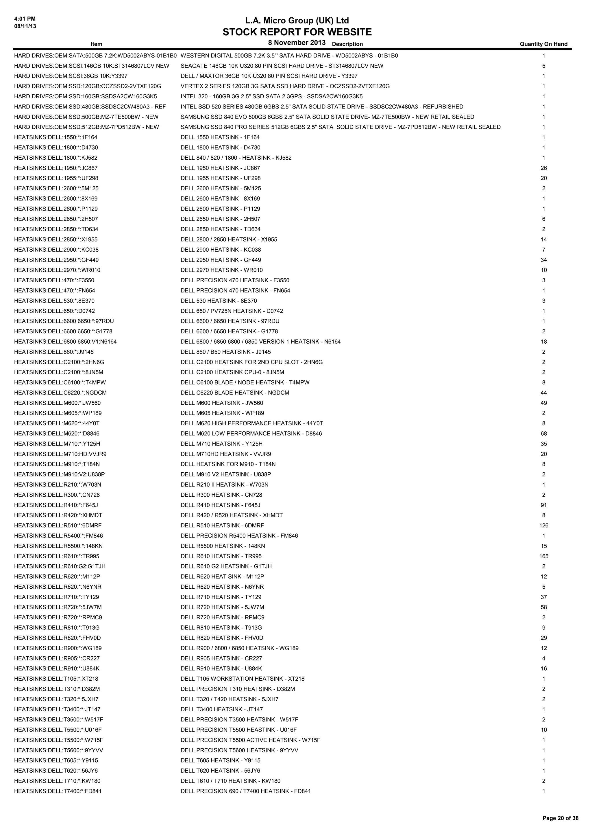 4:01 PM
08/11/13

L.A. Micro Group (UK) Ltd

STOCK REPORT FOR WEBSITE
8 November 2013 Description

Item

Quantity On Hand

HARD DRIVES:OEM:SATA:500GB 7.2K:WD5002ABYS-01B1B0 WESTERN DIGITAL 500GB 7.2K 3.5"' SATA HARD DRIVE - WD5002ABYS - 01B1B0

1

HARD DRIVES:OEM:SCSI:146GB 10K:ST3146807LCV NEW

SEAGATE 146GB 10K U320 80 PIN SCSI HARD DRIVE - ST3146807LCV NEW

5

HARD DRIVES:OEM:SCSI:36GB 10K:Y3397

DELL / MAXTOR 36GB 10K U320 80 PIN SCSI HARD DRIVE - Y3397

1

HARD DRIVES:OEM:SSD:120GB:OCZSSD2-2VTXE120G

VERTEX 2 SERIES 120GB 3G SATA SSD HARD DRIVE - OCZSSD2-2VTXE120G

1

HARD DRIVES:OEM:SSD:160GB:SSDSA2CW160G3K5

INTEL 320 - 160GB 3G 2.5" SSD SATA 2 3GPS - SSDSA2CW160G3K5

1

HARD DRIVES:OEM:SSD:480GB:SSDSC2CW480A3 - REF

INTEL SSD 520 SERIES 480GB 6GBS 2.5" SATA SOLID STATE DRIVE - SSDSC2CW480A3 - REFURBISHED

1

HARD DRIVES:OEM:SSD:500GB:MZ-7TE500BW - NEW

SAMSUNG SSD 840 EVO 500GB 6GBS 2.5" SATA SOLID STATE DRIVE- MZ-7TE500BW - NEW RETAIL SEALED

1

HARD DRIVES:OEM:SSD:512GB:MZ-7PD512BW - NEW

SAMSUNG SSD 840 PRO SERIES 512GB 6GBS 2.5" SATA SOLID STATE DRIVE - MZ-7PD512BW - NEW RETAIL SEALED

1

HEATSINKS:DELL:1550:*:1F164

DELL 1550 HEATSINK - 1F164

1

HEATSINKS:DELL:1800:*:D4730

DELL 1800 HEATSINK - D4730

1

HEATSINKS:DELL:1800:*:KJ582

DELL 840 / 820 / 1800 - HEATSINK - KJ582

1

HEATSINKS:DELL:1950:*:JC867

DELL 1950 HEATSINK - JC867

26

HEATSINKS:DELL:1955:*:UF298

DELL 1955 HEATSINK - UF298

20

HEATSINKS:DELL:2600:*:5M125

DELL 2600 HEATSINK - 5M125

2

HEATSINKS:DELL:2600:*:8X169

DELL 2600 HEATSINK - 8X169

1

HEATSINKS:DELL:2600:*:P1129

DELL 2600 HEATSINK - P1129

1

HEATSINKS:DELL:2650:*:2H507

DELL 2650 HEATSINK - 2H507

6

HEATSINKS:DELL:2850:*:TD634

DELL 2850 HEATSINK - TD634

2

HEATSINKS:DELL:2850:*:X1955

DELL 2800 / 2850 HEATSINK - X1955

14

HEATSINKS:DELL:2900:*:KC038

DELL 2900 HEATSINK - KC038

7

HEATSINKS:DELL:2950:*:GF449

DELL 2950 HEATSINK - GF449

34

HEATSINKS:DELL:2970:*:WR010

DELL 2970 HEATSINK - WR010

10

HEATSINKS:DELL:470:*:F3550

DELL PRECISION 470 HEATSINK - F3550

3

HEATSINKS:DELL:470:*:FN654

DELL PRECISION 470 HEATSINK - FN654

1

HEATSINKS:DELL:530:*:8E370

DELL 530 HEATSINK - 8E370

3

HEATSINKS:DELL:650:*:D0742

DELL 650 / PV725N HEATSINK - D0742

1

HEATSINKS:DELL:6600 6650:*:97RDU

DELL 6600 / 6650 HEATSINK - 97RDU

1

HEATSINKS:DELL:6600 6650:*:G1778

DELL 6600 / 6650 HEATSINK - G1778

2

HEATSINKS:DELL:6800 6850:V1:N6164

DELL 6800 / 6850 6800 / 6850 VERSION 1 HEATSINK - N6164

18

HEATSINKS:DELL:860:*:J9145

DELL 860 / B50 HEATSINK - J9145

2

HEATSINKS:DELL:C2100:*:2HN6G

DELL C2100 HEATSINK FOR 2ND CPU SLOT - 2HN6G

2

HEATSINKS:DELL:C2100:*:8JN5M

DELL C2100 HEATSINK CPU-0 - 8JN5M

2

HEATSINKS:DELL:C6100:*:T4MPW

DELL C6100 BLADE / NODE HEATSINK - T4MPW

8

HEATSINKS:DELL:C6220:*:NGDCM

DELL C6220 BLADE HEATSINK - NGDCM

44

HEATSINKS:DELL:M600:*:JW560

DELL M600 HEATSINK - JW560

49

HEATSINKS:DELL:M605:*:WP189

DELL M605 HEATSINK - WP189

2

HEATSINKS:DELL:M620:*:44Y0T

DELL M620 HIGH PERFORMANCE HEATSINK - 44Y0T

8

HEATSINKS:DELL:M620:*:D8846

DELL M620 LOW PERFORMANCE HEATSINK - D8846

68

HEATSINKS:DELL:M710:*:Y125H

DELL M710 HEATSINK - Y125H

35

HEATSINKS:DELL:M710:HD:VVJR9

DELL M710HD HEATSINK - VVJR9

20

HEATSINKS:DELL:M910:*:T184N

DELL HEATSINK FOR M910 - T184N

8

HEATSINKS:DELL:M910:V2:U838P

DELL M910 V2 HEATSINK - U838P

2

HEATSINKS:DELL:R210:*:W703N

DELL R210 II HEATSINK - W703N

1

HEATSINKS:DELL:R300:*:CN728

DELL R300 HEATSINK - CN728

2

HEATSINKS:DELL:R410:*:F645J

DELL R410 HEATSINK - F645J

91

HEATSINKS:DELL:R420:*:XHMDT

DELL R420 / R520 HEATSINK - XHMDT

8

HEATSINKS:DELL:R510:*:6DMRF

DELL R510 HEATSINK - 6DMRF

HEATSINKS:DELL:R5400:*:FM846

DELL PRECISION R5400 HEATSINK - FM846

1

HEATSINKS:DELL:R5500:*:148KN

DELL R5500 HEATSINK - 148KN

15

HEATSINKS:DELL:R610:*:TR995

DELL R610 HEATSINK - TR995

165

HEATSINKS:DELL:R610:G2:G1TJH

DELL R610 G2 HEATSINK - G1TJH

2

HEATSINKS:DELL:R620:*:M112P

DELL R620 HEAT SINK - M112P

12

HEATSINKS:DELL:R620:*:N6YNR

DELL R620 HEATSINK - N6YNR

5

HEATSINKS:DELL:R710:*:TY129

DELL R710 HEATSINK - TY129

37

HEATSINKS:DELL:R720:*:5JW7M

DELL R720 HEATSINK - 5JW7M

58

HEATSINKS:DELL:R720:*:RPMC9

DELL R720 HEATSINK - RPMC9

2

HEATSINKS:DELL:R810:*:T913G

DELL R810 HEATSINK - T913G

9

HEATSINKS:DELL:R820:*:FHV0D

DELL R820 HEATSINK - FHV0D

29

HEATSINKS:DELL:R900:*:WG189

DELL R900 / 6800 / 6850 HEATSINK - WG189

12

HEATSINKS:DELL:R905:*:CR227

DELL R905 HEATSINK - CR227

4

HEATSINKS:DELL:R910:*:U884K

DELL R910 HEATSINK - U884K

16

HEATSINKS:DELL:T105:*:XT218

DELL T105 WORKSTATION HEATSINK - XT218

1

HEATSINKS:DELL:T310:*:D382M

DELL PRECISION T310 HEATSINK - D382M

2

HEATSINKS:DELL:T320:*:5JXH7

DELL T320 / T420 HEATSINK - 5JXH7

2

HEATSINKS:DELL:T3400:*:JT147

DELL T3400 HEATSINK - JT147

1

HEATSINKS:DELL:T3500:*:W517F

DELL PRECISION T3500 HEATSINK - W517F

2

HEATSINKS:DELL:T5500:*:U016F

DELL PRECISION T5500 HEASTINK - U016F

10

HEATSINKS:DELL:T5500:*:W715F

DELL PRECISION T5500 ACTIVE HEATSINK - W715F

1

HEATSINKS:DELL:T5600:*:9YYVV

DELL PRECISION T5600 HEATSINK - 9YYVV

1

HEATSINKS:DELL:T605:*:Y9115

DELL T605 HEATSINK - Y9115

1

HEATSINKS:DELL:T620:*:56JY6

DELL T620 HEATSINK - 56JY6

1

HEATSINKS:DELL:T710:*:KW180

DELL T610 / T710 HEATSINK - KW180

2

HEATSINKS:DELL:T7400:*:FD841

DELL PRECISION 690 / T7400 HEATSINK - FD841

1

126

Page 20 of 38

 