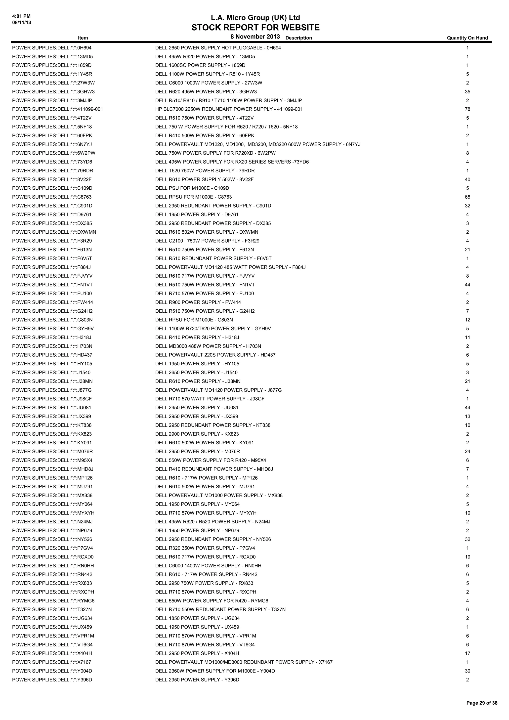 4:01 PM
08/11/13

L.A. Micro Group (UK) Ltd

STOCK REPORT FOR WEBSITE
8 November 2013 Description

Item

Quantity On Hand

POWER SUPPLIES:DELL:*:*:0H694

DELL 2650 POWER SUPPLY HOT PLUGGABLE - 0H694

1

POWER SUPPLIES:DELL:*:*:13MD5

DELL 495W R620 POWER SUPPLY - 13MD5

1

POWER SUPPLIES:DELL:*:*:1859D

DELL 1600SC POWER SUPPLY - 1859D

1

POWER SUPPLIES:DELL:*:*:1Y45R

DELL 1100W POWER SUPPLY - R810 - 1Y45R

5

POWER SUPPLIES:DELL:*:*:27W3W

DELL C6000 1000W POWER SUPPLY - 27W3W

2

POWER SUPPLIES:DELL:*:*:3GHW3

DELL R620 495W POWER SUPPLY - 3GHW3

35

POWER SUPPLIES:DELL:*:*:3MJJP

DELL R510/ R810 / R910 / T710 1100W POWER SUPPLY - 3MJJP

2

POWER SUPPLIES:DELL:*:*:411099-001

HP BLC7000 2250W REDUNDANT POWER SUPPLY - 411099-001

78

POWER SUPPLIES:DELL:*:*:4T22V

DELL R510 750W POWER SUPPLY - 4T22V

5

POWER SUPPLIES:DELL:*:*:5NF18

DELL 750 W POWER SUPPLY FOR R620 / R720 / T620 - 5NF18

1

POWER SUPPLIES:DELL:*:*:60FPK

DELL R410 500W POWER SUPPLY - 60FPK

2

POWER SUPPLIES:DELL:*:*:6N7YJ

DELL POWERVAULT MD1220, MD1200, MD3200, MD3220 600W POWER SUPPLY - 6N7YJ

1

POWER SUPPLIES:DELL:*:*:6W2PW

DELL 750W POWER SUPPLY FOR R720XD - 6W2PW

8

POWER SUPPLIES:DELL:*:*:73YD6

DELL 495W POWER SUPPLY FOR RX20 SERIES SERVERS -73YD6

4

POWER SUPPLIES:DELL:*:*:79RDR

DELL T620 750W POWER SUPPLY - 79RDR

1

POWER SUPPLIES:DELL:*:*:8V22F

DELL R610 POWER SUPPLY 502W - 8V22F

40

POWER SUPPLIES:DELL:*:*:C109D

DELL PSU FOR M1000E - C109D

5

POWER SUPPLIES:DELL:*:*:C8763

DELL RPSU FOR M1000E - C8763

65

POWER SUPPLIES:DELL:*:*:C901D

DELL 2950 REDUNDANT POWER SUPPLY - C901D

32

POWER SUPPLIES:DELL:*:*:D9761

DELL 1950 POWER SUPPLY - D9761

4

POWER SUPPLIES:DELL:*:*:DX385

DELL 2950 REDUNDANT POWER SUPPLY - DX385

3

POWER SUPPLIES:DELL:*:*:DXWMN

DELL R610 502W POWER SUPPLY - DXWMN

2

POWER SUPPLIES:DELL:*:*:F3R29

DELL C2100 750W POWER SUPPLY - F3R29

4

POWER SUPPLIES:DELL:*:*:F613N

DELL R510 750W POWER SUPPLY - F613N

21

POWER SUPPLIES:DELL:*:*:F6V5T

DELL R510 REDUNDANT POWER SUPPLY - F6V5T

1

POWER SUPPLIES:DELL:*:*:F884J

DELL POWERVAULT MD1120 485 WATT POWER SUPPLY - F884J

4

POWER SUPPLIES:DELL:*:*:FJVYV

DELL R610 717W POWER SUPPLY - FJVYV

8

POWER SUPPLIES:DELL:*:*:FN1VT

DELL R510 750W POWER SUPPLY - FN1VT

44

POWER SUPPLIES:DELL:*:*:FU100

DELL R710 570W POWER SUPPLY - FU100

4

POWER SUPPLIES:DELL:*:*:FW414

DELL R900 POWER SUPPLY - FW414

2

POWER SUPPLIES:DELL:*:*:G24H2

DELL R510 750W POWER SUPPLY - G24H2

7

POWER SUPPLIES:DELL:*:*:G803N

DELL RPSU FOR M1000E - G803N

12

POWER SUPPLIES:DELL:*:*:GYH9V

DELL 1100W R720/T620 POWER SUPPLY - GYH9V

5

POWER SUPPLIES:DELL:*:*:H318J

DELL R410 POWER SUPPLY - H318J

11

POWER SUPPLIES:DELL:*:*:H703N

DELL MD3000 488W POWER SUPPLY - H703N

2

POWER SUPPLIES:DELL:*:*:HD437

DELL POWERVAULT 220S POWER SUPPLY - HD437

6

POWER SUPPLIES:DELL:*:*:HY105

DELL 1950 POWER SUPPLY - HY105

5

POWER SUPPLIES:DELL:*:*:J1540

DELL 2650 POWER SUPPLY - J1540

3

POWER SUPPLIES:DELL:*:*:J38MN

DELL R610 POWER SUPPLY - J38MN

21

POWER SUPPLIES:DELL:*:*:J877G

DELL POWERVAULT MD1120 POWER SUPPLY - J877G

4

POWER SUPPLIES:DELL:*:*:J98GF

DELL R710 570 WATT POWER SUPPLY - J98GF

1

POWER SUPPLIES:DELL:*:*:JU081

DELL 2950 POWER SUPPLY - JU081

44

POWER SUPPLIES:DELL:*:*:JX399

DELL 2950 POWER SUPPLY - JX399

13

POWER SUPPLIES:DELL:*:*:KT838

DELL 2950 REDUNDANT POWER SUPPLY - KT838

10

POWER SUPPLIES:DELL:*:*:KX823

DELL 2900 POWER SUPPLY - KX823

2

POWER SUPPLIES:DELL:*:*:KY091

DELL R610 502W POWER SUPPLY - KY091

2

POWER SUPPLIES:DELL:*:*:M076R

DELL 2950 POWER SUPPLY - M076R

24

POWER SUPPLIES:DELL:*:*:M95X4

DELL 550W POWER SUPPLY FOR R420 - M95X4

6

POWER SUPPLIES:DELL:*:*:MHD8J

DELL R410 REDUNDANT POWER SUPPLY - MHD8J

7

POWER SUPPLIES:DELL:*:*:MP126

DELL R610 - 717W POWER SUPPLY - MP126

1

POWER SUPPLIES:DELL:*:*:MU791

DELL R610 502W POWER SUPPLY - MU791

4

POWER SUPPLIES:DELL:*:*:MX838

DELL POWERVAULT MD1000 POWER SUPPLY - MX838

2

POWER SUPPLIES:DELL:*:*:MY064

DELL 1950 POWER SUPPLY - MY064

5

POWER SUPPLIES:DELL:*:*:MYXYH

DELL R710 570W POWER SUPPLY - MYXYH

10

POWER SUPPLIES:DELL:*:*:N24MJ

DELL 495W R620 / R520 POWER SUPPLY - N24MJ

2

POWER SUPPLIES:DELL:*:*:NP679

DELL 1950 POWER SUPPLY - NP679

2

POWER SUPPLIES:DELL:*:*:NY526

DELL 2950 REDUNDANT POWER SUPPLY - NY526

32

POWER SUPPLIES:DELL:*:*:P7GV4

DELL R320 350W POWER SUPPLY - P7GV4

1

POWER SUPPLIES:DELL:*:*:RCXD0

DELL R610 717W POWER SUPPLY - RCXD0

19

POWER SUPPLIES:DELL:*:*:RN0HH

DELL C6000 1400W POWER SUPPLY - RN0HH

6

POWER SUPPLIES:DELL:*:*:RN442

DELL R610 - 717W POWER SUPPLY - RN442

6

POWER SUPPLIES:DELL:*:*:RX833

DELL 2950 750W POWER SUPPLY - RX833

5

POWER SUPPLIES:DELL:*:*:RXCPH

DELL R710 570W POWER SUPPLY - RXCPH

2

POWER SUPPLIES:DELL:*:*:RYMG6

DELL 550W POWER SUPPLY FOR R420 - RYMG6

4

POWER SUPPLIES:DELL:*:*:T327N

DELL R710 550W REDUNDANT POWER SUPPLY - T327N

6

POWER SUPPLIES:DELL:*:*:UG634

DELL 1850 POWER SUPPLY - UG634

2

POWER SUPPLIES:DELL:*:*:UX459

DELL 1950 POWER SUPPLY - UX459

1

POWER SUPPLIES:DELL:*:*:VPR1M

DELL R710 570W POWER SUPPLY - VPR1M

6

POWER SUPPLIES:DELL:*:*:VT6G4

DELL R710 870W POWER SUPPLY - VT6G4

6

POWER SUPPLIES:DELL:*:*:X404H

DELL 2950 POWER SUPPLY - X404H

17

POWER SUPPLIES:DELL:*:*:X7167

DELL POWERVAULT MD1000/MD3000 REDUNDANT POWER SUPPLY - X7167

1

POWER SUPPLIES:DELL:*:*:Y004D

DELL 2360W POWER SUPPLY FOR M1000E - Y004D

30

POWER SUPPLIES:DELL:*:*:Y396D

DELL 2950 POWER SUPPLY - Y396D

2

Page 29 of 38

 