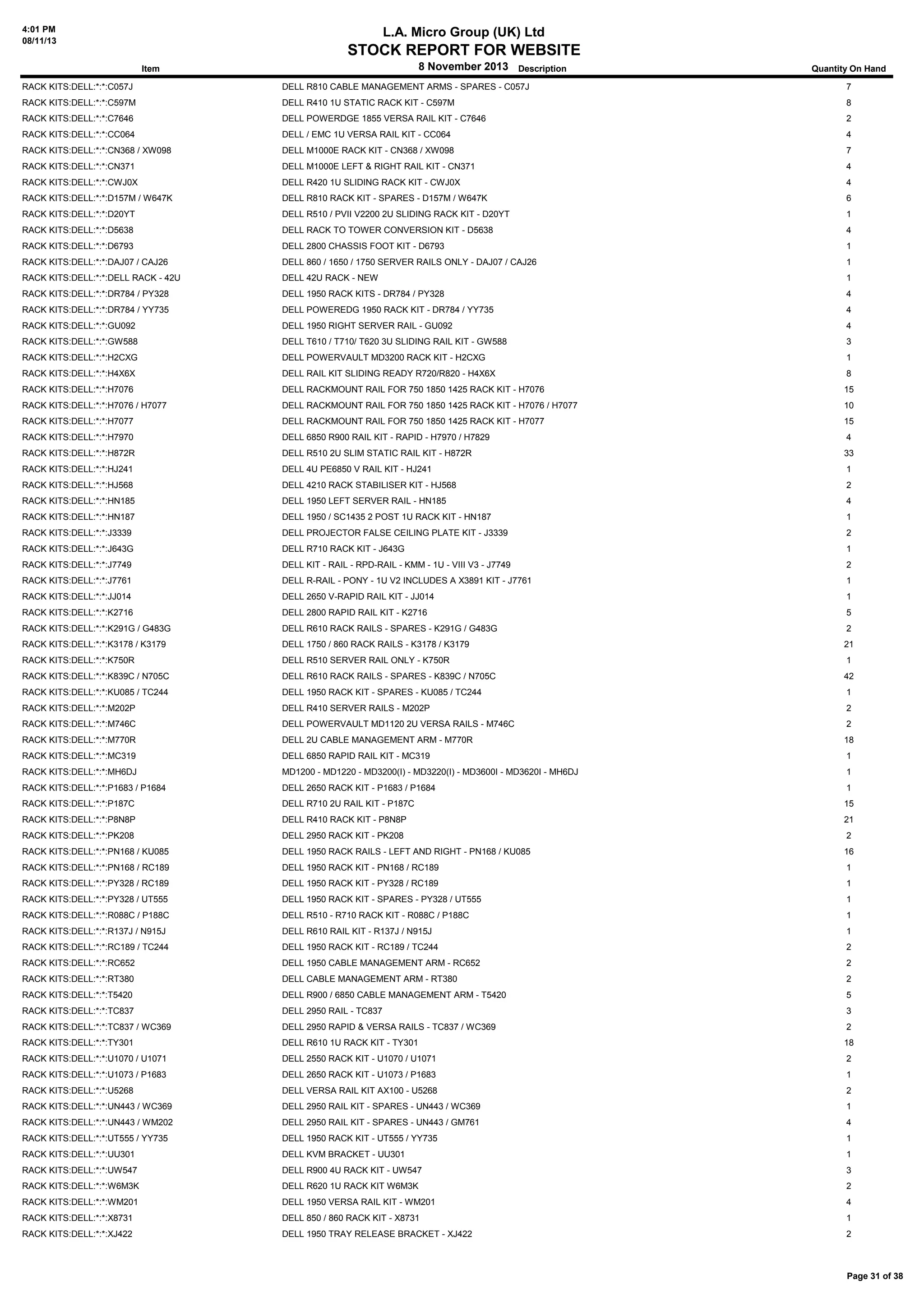 4:01 PM
08/11/13

L.A. Micro Group (UK) Ltd

STOCK REPORT FOR WEBSITE
8 November 2013 Description

Item

Quantity On Hand

RACK KITS:DELL:*:*:C057J

DELL R810 CABLE MANAGEMENT ARMS - SPARES - C057J

7

RACK KITS:DELL:*:*:C597M

DELL R410 1U STATIC RACK KIT - C597M

8

RACK KITS:DELL:*:*:C7646

DELL POWERDGE 1855 VERSA RAIL KIT - C7646

2

RACK KITS:DELL:*:*:CC064

DELL / EMC 1U VERSA RAIL KIT - CC064

4

RACK KITS:DELL:*:*:CN368 / XW098

DELL M1000E RACK KIT - CN368 / XW098

7

RACK KITS:DELL:*:*:CN371

DELL M1000E LEFT & RIGHT RAIL KIT - CN371

4

RACK KITS:DELL:*:*:CWJ0X

DELL R420 1U SLIDING RACK KIT - CWJ0X

4

RACK KITS:DELL:*:*:D157M / W647K

DELL R810 RACK KIT - SPARES - D157M / W647K

6

RACK KITS:DELL:*:*:D20YT

DELL R510 / PVII V2200 2U SLIDING RACK KIT - D20YT

1

RACK KITS:DELL:*:*:D5638

DELL RACK TO TOWER CONVERSION KIT - D5638

4

RACK KITS:DELL:*:*:D6793

DELL 2800 CHASSIS FOOT KIT - D6793

1

RACK KITS:DELL:*:*:DAJ07 / CAJ26

DELL 860 / 1650 / 1750 SERVER RAILS ONLY - DAJ07 / CAJ26

1

RACK KITS:DELL:*:*:DELL RACK - 42U

DELL 42U RACK - NEW

1

RACK KITS:DELL:*:*:DR784 / PY328

DELL 1950 RACK KITS - DR784 / PY328

4

RACK KITS:DELL:*:*:DR784 / YY735

DELL POWEREDG 1950 RACK KIT - DR784 / YY735

4

RACK KITS:DELL:*:*:GU092

DELL 1950 RIGHT SERVER RAIL - GU092

4

RACK KITS:DELL:*:*:GW588

DELL T610 / T710/ T620 3U SLIDING RAIL KIT - GW588

3

RACK KITS:DELL:*:*:H2CXG

DELL POWERVAULT MD3200 RACK KIT - H2CXG

1

RACK KITS:DELL:*:*:H4X6X

DELL RAIL KIT SLIDING READY R720/R820 - H4X6X

8

RACK KITS:DELL:*:*:H7076

DELL RACKMOUNT RAIL FOR 750 1850 1425 RACK KIT - H7076

15

RACK KITS:DELL:*:*:H7076 / H7077

DELL RACKMOUNT RAIL FOR 750 1850 1425 RACK KIT - H7076 / H7077

10

RACK KITS:DELL:*:*:H7077

DELL RACKMOUNT RAIL FOR 750 1850 1425 RACK KIT - H7077

15

RACK KITS:DELL:*:*:H7970

DELL 6850 R900 RAIL KIT - RAPID - H7970 / H7829

4

RACK KITS:DELL:*:*:H872R

DELL R510 2U SLIM STATIC RAIL KIT - H872R

33

RACK KITS:DELL:*:*:HJ241

DELL 4U PE6850 V RAIL KIT - HJ241

1

RACK KITS:DELL:*:*:HJ568

DELL 4210 RACK STABILISER KIT - HJ568

2

RACK KITS:DELL:*:*:HN185

DELL 1950 LEFT SERVER RAIL - HN185

4

RACK KITS:DELL:*:*:HN187

DELL 1950 / SC1435 2 POST 1U RACK KIT - HN187

1

RACK KITS:DELL:*:*:J3339

DELL PROJECTOR FALSE CEILING PLATE KIT - J3339

2

RACK KITS:DELL:*:*:J643G

DELL R710 RACK KIT - J643G

1

RACK KITS:DELL:*:*:J7749

DELL KIT - RAIL - RPD-RAIL - KMM - 1U - VIII V3 - J7749

2

RACK KITS:DELL:*:*:J7761

DELL R-RAIL - PONY - 1U V2 INCLUDES A X3891 KIT - J7761

1

RACK KITS:DELL:*:*:JJ014

DELL 2650 V-RAPID RAIL KIT - JJ014

1

RACK KITS:DELL:*:*:K2716

DELL 2800 RAPID RAIL KIT - K2716

5

RACK KITS:DELL:*:*:K291G / G483G

DELL R610 RACK RAILS - SPARES - K291G / G483G

2

RACK KITS:DELL:*:*:K3178 / K3179

DELL 1750 / 860 RACK RAILS - K3178 / K3179

21

RACK KITS:DELL:*:*:K750R

DELL R510 SERVER RAIL ONLY - K750R

1

RACK KITS:DELL:*:*:K839C / N705C

DELL R610 RACK RAILS - SPARES - K839C / N705C

42

RACK KITS:DELL:*:*:KU085 / TC244

DELL 1950 RACK KIT - SPARES - KU085 / TC244

1

RACK KITS:DELL:*:*:M202P

DELL R410 SERVER RAILS - M202P

2

RACK KITS:DELL:*:*:M746C

DELL POWERVAULT MD1120 2U VERSA RAILS - M746C

2

RACK KITS:DELL:*:*:M770R

DELL 2U CABLE MANAGEMENT ARM - M770R

18

RACK KITS:DELL:*:*:MC319

DELL 6850 RAPID RAIL KIT - MC319

1

RACK KITS:DELL:*:*:MH6DJ

MD1200 - MD1220 - MD3200(I) - MD3220(I) - MD3600I - MD3620I - MH6DJ

1

RACK KITS:DELL:*:*:P1683 / P1684

DELL 2650 RACK KIT - P1683 / P1684

1

RACK KITS:DELL:*:*:P187C

DELL R710 2U RAIL KIT - P187C

15

RACK KITS:DELL:*:*:P8N8P

DELL R410 RACK KIT - P8N8P

21

RACK KITS:DELL:*:*:PK208

DELL 2950 RACK KIT - PK208

2

RACK KITS:DELL:*:*:PN168 / KU085

DELL 1950 RACK RAILS - LEFT AND RIGHT - PN168 / KU085

16

RACK KITS:DELL:*:*:PN168 / RC189

DELL 1950 RACK KIT - PN168 / RC189

1

RACK KITS:DELL:*:*:PY328 / RC189

DELL 1950 RACK KIT - PY328 / RC189

1

RACK KITS:DELL:*:*:PY328 / UT555

DELL 1950 RACK KIT - SPARES - PY328 / UT555

1

RACK KITS:DELL:*:*:R088C / P188C

DELL R510 - R710 RACK KIT - R088C / P188C

1

RACK KITS:DELL:*:*:R137J / N915J

DELL R610 RAIL KIT - R137J / N915J

1

RACK KITS:DELL:*:*:RC189 / TC244

DELL 1950 RACK KIT - RC189 / TC244

2

RACK KITS:DELL:*:*:RC652

DELL 1950 CABLE MANAGEMENT ARM - RC652

2

RACK KITS:DELL:*:*:RT380

DELL CABLE MANAGEMENT ARM - RT380

2

RACK KITS:DELL:*:*:T5420

DELL R900 / 6850 CABLE MANAGEMENT ARM - T5420

5

RACK KITS:DELL:*:*:TC837

DELL 2950 RAIL - TC837

3

RACK KITS:DELL:*:*:TC837 / WC369

DELL 2950 RAPID & VERSA RAILS - TC837 / WC369

2

RACK KITS:DELL:*:*:TY301

DELL R610 1U RACK KIT - TY301

18

RACK KITS:DELL:*:*:U1070 / U1071

DELL 2550 RACK KIT - U1070 / U1071

2

RACK KITS:DELL:*:*:U1073 / P1683

DELL 2650 RACK KIT - U1073 / P1683

1

RACK KITS:DELL:*:*:U5268

DELL VERSA RAIL KIT AX100 - U5268

2

RACK KITS:DELL:*:*:UN443 / WC369

DELL 2950 RAIL KIT - SPARES - UN443 / WC369

1

RACK KITS:DELL:*:*:UN443 / WM202

DELL 2950 RAIL KIT - SPARES - UN443 / GM761

4

RACK KITS:DELL:*:*:UT555 / YY735

DELL 1950 RACK KIT - UT555 / YY735

1

RACK KITS:DELL:*:*:UU301

DELL KVM BRACKET - UU301

1

RACK KITS:DELL:*:*:UW547

DELL R900 4U RACK KIT - UW547

3

RACK KITS:DELL:*:*:W6M3K

DELL R620 1U RACK KIT W6M3K

2

RACK KITS:DELL:*:*:WM201

DELL 1950 VERSA RAIL KIT - WM201

4

RACK KITS:DELL:*:*:X8731

DELL 850 / 860 RACK KIT - X8731

1

RACK KITS:DELL:*:*:XJ422

DELL 1950 TRAY RELEASE BRACKET - XJ422

2

Page 31 of 38

 