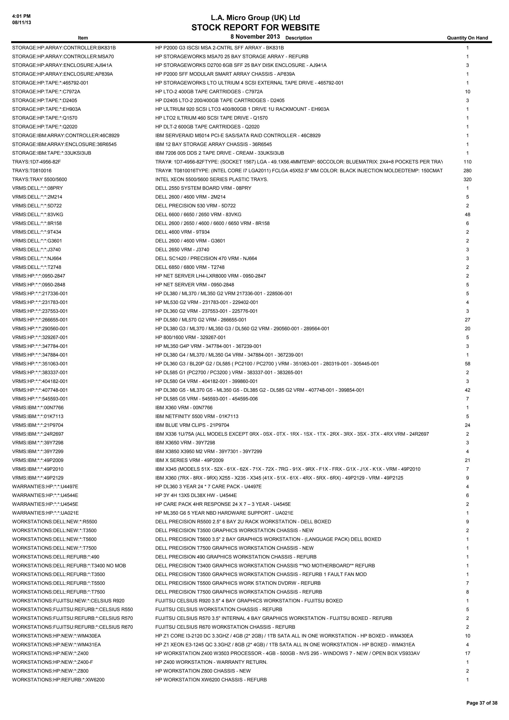 4:01 PM
08/11/13

L.A. Micro Group (UK) Ltd

STOCK REPORT FOR WEBSITE
8 November 2013 Description

Item

Quantity On Hand

STORAGE:HP:ARRAY:CONTROLLER:BK831B

HP P2000 G3 ISCSI MSA 2-CNTRL SFF ARRAY - BK831B

1

STORAGE:HP:ARRAY:CONTROLLER:MSA70

HP STORAGEWORKS MSA70 25 BAY STORAGE ARRAY - REFURB

1

STORAGE:HP:ARRAY:ENCLOSURE:AJ941A

HP STORAGEWORKS D2700 6GB SFF 25 BAY DISK ENCLOSURE - AJ941A

3

STORAGE:HP:ARRAY:ENCLOSURE:AP839A

HP P2000 SFF MODULAR SMART ARRAY CHASSIS - AP839A

1

STORAGE:HP:TAPE:*:465792-001

HP STORAGEWORKS LTO ULTRIUM 4 SCSI EXTERNAL TAPE DRIVE - 465792-001

1

STORAGE:HP:TAPE:*:C7972A

HP LTO-2 400GB TAPE CARTRIDGES - C7972A

10

STORAGE:HP:TAPE:*:D2405

HP D2405 LTO-2 200/400GB TAPE CARTRIDGES - D2405

3

STORAGE:HP:TAPE:*:EH903A

HP ULTRIUM 920 SCSI LTO3 400/800GB 1 DRIVE 1U RACKMOUNT - EH903A

1

STORAGE:HP:TAPE:*:Q1570

HP LTO2 ILTRIUM 460 SCSI TAPE DRIVE - Q1570

1

STORAGE:HP:TAPE:*:Q2020

HP DLT-2 600GB TAPE CARTRIDGES - Q2020

1

STORAGE:IBM:ARRAY:CONTROLLER:46C8929

IBM SERVERAID M5014 PCI-E SAS/SATA RAID CONTROLLER - 46C8929

1

STORAGE:IBM:ARRAY:ENCLOSURE:36R6545

IBM 12 BAY STORAGE ARRAY CHASSIS - 36R6545

1

STORAGE:IBM:TAPE:*:33UKSI3IJB

IBM 7206 005 DDS 2 TAPE DRIVE - CREAM - 33UKSI3IJB

1

TRAYS:1D7-4956-82F

TRAY#: 1D7-4956-82FTYPE: (SOCKET 1567) LGA - 49.1X56.4MMTEMP: 60CCOLOR: BLUEMATRIX: 2X4=8 POCKETS PER TRAY

TRAYS:T0810016

TRAY#: T0810016TYPE: (INTEL CORE I7 LGA2011) FCLGA 45X52.5" MM COLOR: BLACK INJECTION MOLDEDTEMP: 150CMATRIX: 2X5=10 POCKETS PER T
280

TRAYS:TRAY 5500/5600

INTEL XEON 5500/5600 SERIES PLASTIC TRAYS.

VRMS:DELL:*:*:08PRY

DELL 2550 SYSTEM BOARD VRM - 08PRY

1

VRMS:DELL:*:*:2M214

DELL 2600 / 4600 VRM - 2M214

5

VRMS:DELL:*:*:5D722

DELL PRECISION 530 VRM - 5D722

2

VRMS:DELL:*:*:83VKG

DELL 6600 / 6650 / 2650 VRM - 83VKG

48

VRMS:DELL:*:*:8R158

DELL 2600 / 2650 / 4600 / 6600 / 6650 VRM - 8R158

6

VRMS:DELL:*:*:9T434

DELL 4600 VRM - 9T934

2

VRMS:DELL:*:*:G3601

DELL 2600 / 4600 VRM - G3601

2

VRMS:DELL:*:*:J3740

DELL 2650 VRM - J3740

3

VRMS:DELL:*:*:NJ664

DELL SC1420 / PRECISION 470 VRM - NJ664

3

VRMS:DELL:*:*:T2748

DELL 6850 / 6800 VRM - T2748

2

VRMS:HP:*:*:0950-2847

HP NET SERVER LH4-LXR8000 VRM - 0950-2847

2

VRMS:HP:*:*:0950-2848

HP NET SERVER VRM - 0950-2848

5

VRMS:HP:*:*:217336-001

HP DL380 / ML370 / ML350 G2 VRM 217336-001 - 228506-001

5

VRMS:HP:*:*:231783-001

HP ML530 G2 VRM - 231783-001 - 229402-001

4

VRMS:HP:*:*:237553-001

HP DL360 G2 VRM - 237553-001 - 225776-001

3

VRMS:HP:*:*:266655-001

HP DL580 / ML570 G2 VRM - 266655-001

27

VRMS:HP:*:*:290560-001

HP DL380 G3 / ML370 / ML350 G3 / DL560 G2 VRM - 290560-001 - 289564-001

20

VRMS:HP:*:*:329267-001

HP 800/1600 VRM - 329267-001

5

VRMS:HP:*:*:347784-001

HP ML350 G4P VRM - 347784-001 - 367239-001

3

VRMS:HP:*:*:347884-001

HP DL380 G4 / ML370 / ML350 G4 VRM - 347884-001 - 367239-001

1

VRMS:HP:*:*:351063-001

HP DL360 G3 / BL20P G2 / DL585 ( PC2100 / PC2700 ) VRM - 351063-001 - 280319-001 - 305445-001

58

VRMS:HP:*:*:383337-001

HP DL585 G1 (PC2700 / PC3200 ) VRM - 383337-001 - 383265-001

2

VRMS:HP:*:*:404182-001

HP DL580 G4 VRM - 404182-001 - 399860-001

3

VRMS:HP:*:*:407748-001

HP DL380 G5 - ML370 G5 - ML350 G5 - DL385 G2 - DL585 G2 VRM - 407748-001 - 399854-001

42

VRMS:HP:*:*:545593-001

HP DL585 G5 VRM - 545593-001 - 454595-006

7

VRMS:IBM:*:*:00N7766

IBM X360 VRM - 00N7766

1

VRMS:IBM:*:*:01K7113

IBM NETFINITY 5500 VRM - 01K7113

5

VRMS:IBM:*:*:21P9704

IBM BLUE VRM CLIPS - 21P9704

24

VRMS:IBM:*:*:24R2697

IBM X336 1U/75A (ALL MODELS EXCEPT 0RX - 0SX - 0TX - 1RX - 1SX - 1TX - 2RX - 3RX - 3SX - 3TX - 4RX VRM - 24R2697

2

VRMS:IBM:*:*:39Y7298

IBM X3650 VRM - 39Y7298

3

VRMS:IBM:*:*:39Y7299

IBM X3850 X3950 M2 VRM - 39Y7301 - 39Y7299

4

VRMS:IBM:*:*:49P2009

IBM X SERIES VRM - 49P2009

21

VRMS:IBM:*:*:49P2010

IBM X345 (MODELS 51X - 52X - 61X - 62X - 71X - 72X - 7RG - 91X - 9RX - F1X - FRX - G1X - J1X - K1X - VRM - 49P2010

7

VRMS:IBM:*:*:49P2129

IBM X360 (7RX - 8RX - 9RX) X255 - X235 - X345 (41X - 51X - 61X - 4RX - 5RX - 6RX) - 49P2129 - VRM - 49P2125

9

WARRANTIES:HP:*:*:U4497E

HP DL360 3 YEAR 24 * 7 CARE PACK - U4497E

4

WARRANTIES:HP:*:*:U4544E

HP 3Y 4H 13X5 DL38X HW - U4544E

6

WARRANTIES:HP:*:*:U4545E

HP CARE PACK 4HR RESPONSE 24 X 7 – 3 YEAR - U4545E

2

WARRANTIES:HP:*:*:UA021E

HP ML350 G6 5 YEAR NBD HARDWARE SUPPORT - UA021E

1

WORKSTATIONS:DELL:NEW:*:R5500

DELL PRECISION R5500 2.5" 6 BAY 2U RACK WORKSTATION - DELL BOXED

9

WORKSTATIONS:DELL:NEW:*:T3500

DELL PRECISION T3500 GRAPHICS WORKSTATION CHASSIS - NEW

2

WORKSTATIONS:DELL:NEW:*:T5600

DELL PRECISION T5600 3.5" 2 BAY GRAPHICS WORKSTATION - (LANGUAGE PACK) DELL BOXED

1

WORKSTATIONS:DELL:NEW:*:T7500

DELL PRECISION T7500 GRAPHICS WORKSTATION CHASSIS - NEW

1

WORKSTATIONS:DELL:REFURB:*:490

DELL PRECISION 490 GRAPHICS WORKSTATION CHASSIS - REFURB

1

WORKSTATIONS:DELL:REFURB:*:T3400 NO MOB

DELL PRECISION T3400 GRAPHICS WORKSTATION CHASSIS **NO MOTHERBOARD** REFURB

1

WORKSTATIONS:DELL:REFURB:*:T3500

DELL PRECISION T3500 GRAPHICS WORKSTATION CHASSIS - REFURB 1 FAULT FAN MOD

1

WORKSTATIONS:DELL:REFURB:*:T5500

DELL PRECISION T5500 GRAPHICS WORK STATION DVDRW - REFURB

7

WORKSTATIONS:DELL:REFURB:*:T7500

DELL PRECISION T7500 GRAPHICS WORKSTATION CHASSIS - REFURB

8

WORKSTATIONS:FUJITSU:NEW:*:CELSIUS R920

FUJITSU CELSIUS R920 3.5" 4 BAY GRAPHICS WORKSTATION - FUJITSU BOXED

1

WORKSTATIONS:FUJITSU:REFURB:*:CELSIUS R550

FUJITSU CELSIUS WORKSTATION CHASSIS - REFURB

5

WORKSTATIONS:FUJITSU:REFURB:*:CELSIUS R570

FUJITSU CELSIUS R570 3.5" INTERNAL 4 BAY GRAPHICS WORKSTATION - FUJITSU BOXED - REFURB

2

WORKSTATIONS:FUJITSU:REFURB:*:CELSIUS R670

FUJITSU CELSIUS R670 WORKSTATION CHASSIS - REFURB

2

WORKSTATIONS:HP:NEW:*:WM430EA

HP Z1 CORE I3-2120 DC 3.3GHZ / 4GB (2* 2GB) / 1TB SATA ALL IN ONE WORKSTATION - HP BOXED - WM430EA

10

WORKSTATIONS:HP:NEW:*:WM431EA

HP Z1 XEON E3-1245 QC 3.3GHZ / 8GB (2* 4GB) / 1TB SATA ALL IN ONE WORKSTATION - HP BOXED - WM431EA

4

WORKSTATIONS:HP:NEW:*:Z400

HP WORKSTATION Z400 W3503 PROCESSOR - 4GB - 500GB - NVS 295 - WINDOWS 7 - NEW / OPEN BOX VS933AV

17

WORKSTATIONS:HP:NEW:*:Z400-F

HP Z400 WORKSTATION - WARRANTY RETURN.

1

WORKSTATIONS:HP:NEW:*:Z800

HP WORKSTATION Z800 CHASSIS - NEW

2

WORKSTATIONS:HP:REFURB:*:XW6200

HP WORKSTATION XW6200 CHASSIS - REFURB

1

110

320

Page 37 of 38

 