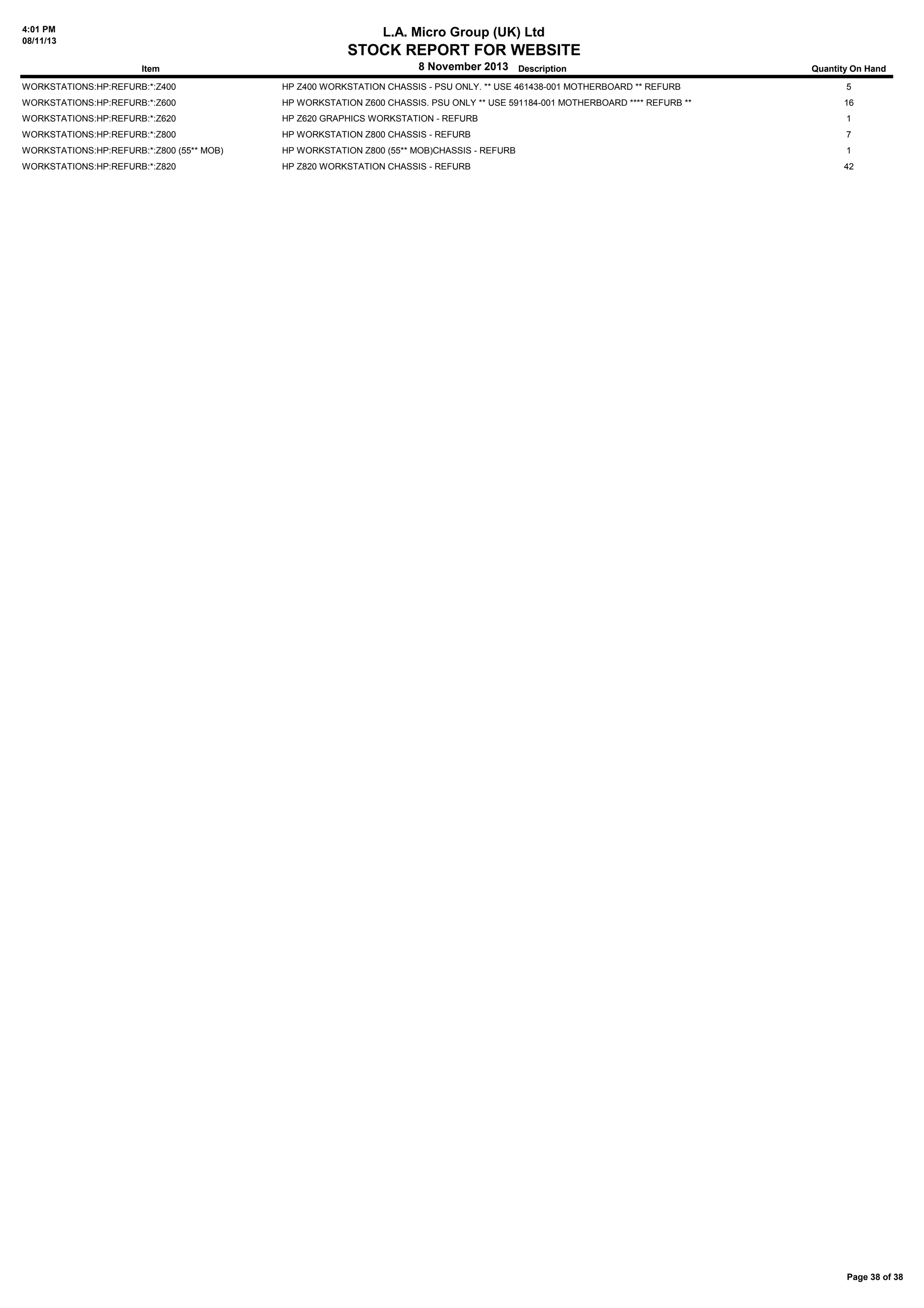 4:01 PM
08/11/13

L.A. Micro Group (UK) Ltd

STOCK REPORT FOR WEBSITE
Item

8 November 2013 Description

Quantity On Hand

WORKSTATIONS:HP:REFURB:*:Z400

HP Z400 WORKSTATION CHASSIS - PSU ONLY. ** USE 461438-001 MOTHERBOARD ** REFURB

5

WORKSTATIONS:HP:REFURB:*:Z600

HP WORKSTATION Z600 CHASSIS. PSU ONLY ** USE 591184-001 MOTHERBOARD **** REFURB **

16

WORKSTATIONS:HP:REFURB:*:Z620

HP Z620 GRAPHICS WORKSTATION - REFURB

1

WORKSTATIONS:HP:REFURB:*:Z800

HP WORKSTATION Z800 CHASSIS - REFURB

7

WORKSTATIONS:HP:REFURB:*:Z800 (55** MOB)

HP WORKSTATION Z800 (55** MOB)CHASSIS - REFURB

1

WORKSTATIONS:HP:REFURB:*:Z820

HP Z820 WORKSTATION CHASSIS - REFURB

42

Page 38 of 38

 