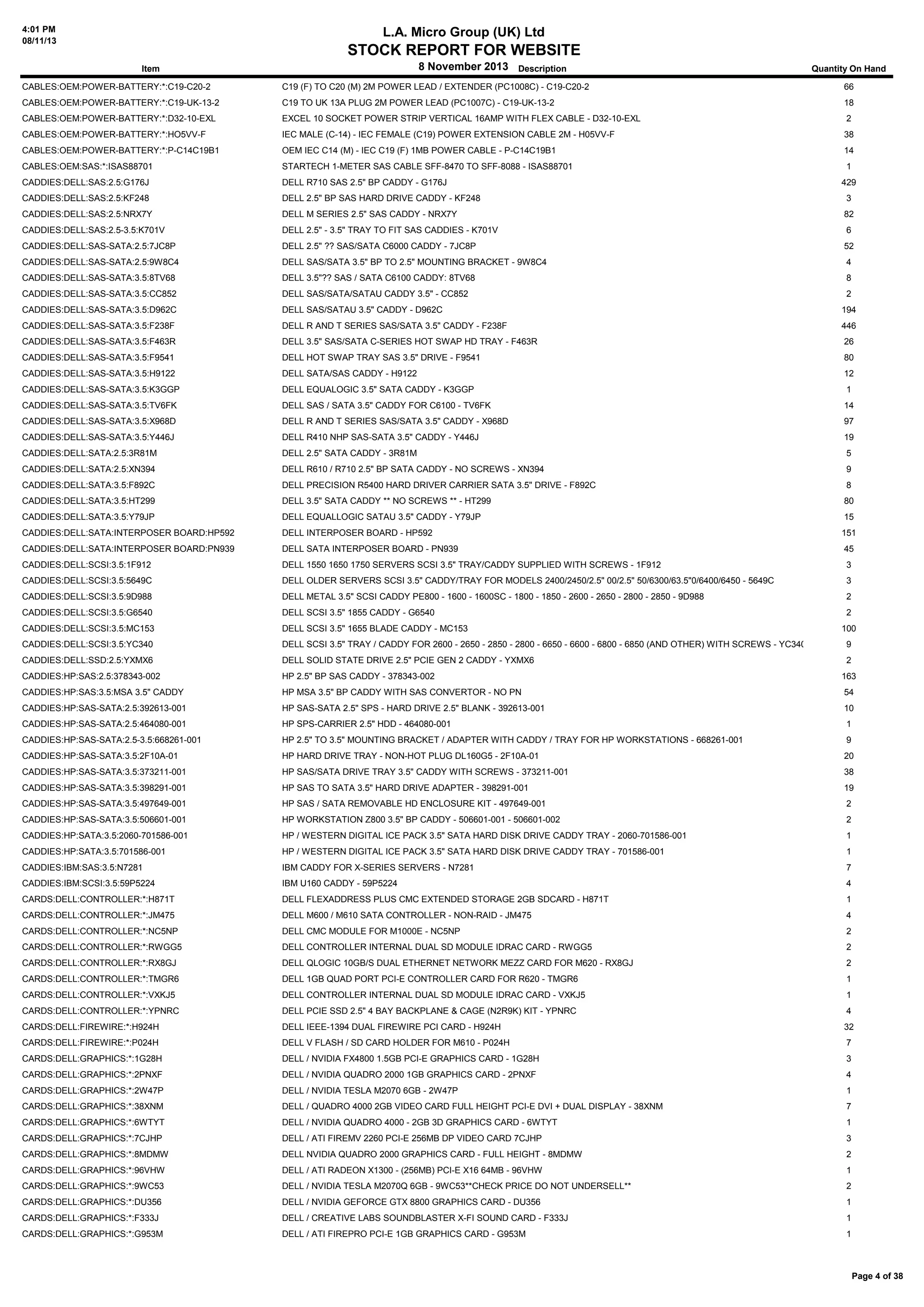 4:01 PM
08/11/13

L.A. Micro Group (UK) Ltd

STOCK REPORT FOR WEBSITE
8 November 2013 Description

Item

Quantity On Hand

CABLES:OEM:POWER-BATTERY:*:C19-C20-2

C19 (F) TO C20 (M) 2M POWER LEAD / EXTENDER (PC1008C) - C19-C20-2

66

CABLES:OEM:POWER-BATTERY:*:C19-UK-13-2

C19 TO UK 13A PLUG 2M POWER LEAD (PC1007C) - C19-UK-13-2

18

CABLES:OEM:POWER-BATTERY:*:D32-10-EXL

EXCEL 10 SOCKET POWER STRIP VERTICAL 16AMP WITH FLEX CABLE - D32-10-EXL

2

CABLES:OEM:POWER-BATTERY:*:HO5VV-F

IEC MALE (C-14) - IEC FEMALE (C19) POWER EXTENSION CABLE 2M - H05VV-F

38

CABLES:OEM:POWER-BATTERY:*:P-C14C19B1

OEM IEC C14 (M) - IEC C19 (F) 1MB POWER CABLE - P-C14C19B1

14

CABLES:OEM:SAS:*:ISAS88701

STARTECH 1-METER SAS CABLE SFF-8470 TO SFF-8088 - ISAS88701

1

CADDIES:DELL:SAS:2.5:G176J

DELL R710 SAS 2.5" BP CADDY - G176J

CADDIES:DELL:SAS:2.5:KF248

DELL 2.5" BP SAS HARD DRIVE CADDY - KF248

3

CADDIES:DELL:SAS:2.5:NRX7Y

DELL M SERIES 2.5" SAS CADDY - NRX7Y

82

CADDIES:DELL:SAS:2.5-3.5:K701V

DELL 2.5" - 3.5" TRAY TO FIT SAS CADDIES - K701V

6

CADDIES:DELL:SAS-SATA:2.5:7JC8P

DELL 2.5" ?? SAS/SATA C6000 CADDY - 7JC8P

52

CADDIES:DELL:SAS-SATA:2.5:9W8C4

DELL SAS/SATA 3.5" BP TO 2.5" MOUNTING BRACKET - 9W8C4

4

CADDIES:DELL:SAS-SATA:3.5:8TV68

DELL 3.5"?? SAS / SATA C6100 CADDY: 8TV68

8

CADDIES:DELL:SAS-SATA:3.5:CC852

DELL SAS/SATA/SATAU CADDY 3.5" - CC852

2

CADDIES:DELL:SAS-SATA:3.5:D962C

DELL SAS/SATAU 3.5" CADDY - D962C

194

CADDIES:DELL:SAS-SATA:3.5:F238F

DELL R AND T SERIES SAS/SATA 3.5" CADDY - F238F

446

CADDIES:DELL:SAS-SATA:3.5:F463R

DELL 3.5" SAS/SATA C-SERIES HOT SWAP HD TRAY - F463R

26

CADDIES:DELL:SAS-SATA:3.5:F9541

DELL HOT SWAP TRAY SAS 3.5" DRIVE - F9541

80

CADDIES:DELL:SAS-SATA:3.5:H9122

DELL SATA/SAS CADDY - H9122

12

CADDIES:DELL:SAS-SATA:3.5:K3GGP

DELL EQUALOGIC 3.5" SATA CADDY - K3GGP

1

CADDIES:DELL:SAS-SATA:3.5:TV6FK

DELL SAS / SATA 3.5" CADDY FOR C6100 - TV6FK

14

CADDIES:DELL:SAS-SATA:3.5:X968D

DELL R AND T SERIES SAS/SATA 3.5" CADDY - X968D

97

CADDIES:DELL:SAS-SATA:3.5:Y446J

DELL R410 NHP SAS-SATA 3.5" CADDY - Y446J

19

CADDIES:DELL:SATA:2.5:3R81M

DELL 2.5" SATA CADDY - 3R81M

5

CADDIES:DELL:SATA:2.5:XN394

DELL R610 / R710 2.5" BP SATA CADDY - NO SCREWS - XN394

9

CADDIES:DELL:SATA:3.5:F892C

DELL PRECISION R5400 HARD DRIVER CARRIER SATA 3.5" DRIVE - F892C

8

CADDIES:DELL:SATA:3.5:HT299

DELL 3.5" SATA CADDY ** NO SCREWS ** - HT299

80

CADDIES:DELL:SATA:3.5:Y79JP

DELL EQUALLOGIC SATAU 3.5" CADDY - Y79JP

15

CADDIES:DELL:SATA:INTERPOSER BOARD:HP592

DELL INTERPOSER BOARD - HP592

151

CADDIES:DELL:SATA:INTERPOSER BOARD:PN939

DELL SATA INTERPOSER BOARD - PN939

45

CADDIES:DELL:SCSI:3.5:1F912

DELL 1550 1650 1750 SERVERS SCSI 3.5" TRAY/CADDY SUPPLIED WITH SCREWS - 1F912

3

CADDIES:DELL:SCSI:3.5:5649C

DELL OLDER SERVERS SCSI 3.5" CADDY/TRAY FOR MODELS 2400/2450/2.5" 00/2.5" 50/6300/63.5"0/6400/6450 - 5649C

3

CADDIES:DELL:SCSI:3.5:9D988

DELL METAL 3.5" SCSI CADDY PE800 - 1600 - 1600SC - 1800 - 1850 - 2600 - 2650 - 2800 - 2850 - 9D988

2

CADDIES:DELL:SCSI:3.5:G6540

DELL SCSI 3.5" 1855 CADDY - G6540

CADDIES:DELL:SCSI:3.5:MC153

DELL SCSI 3.5" 1655 BLADE CADDY - MC153

CADDIES:DELL:SCSI:3.5:YC340

DELL SCSI 3.5" TRAY / CADDY FOR 2600 - 2650 - 2850 - 2800 - 6650 - 6600 - 6800 - 6850 (AND OTHER) WITH SCREWS - YC340

CADDIES:DELL:SSD:2.5:YXMX6

DELL SOLID STATE DRIVE 2.5" PCIE GEN 2 CADDY - YXMX6

CADDIES:HP:SAS:2.5:378343-002

HP 2.5" BP SAS CADDY - 378343-002

163

CADDIES:HP:SAS:3.5:MSA 3.5" CADDY

HP MSA 3.5" BP CADDY WITH SAS CONVERTOR - NO PN

54

CADDIES:HP:SAS-SATA:2.5:392613-001

HP SAS-SATA 2.5" SPS - HARD DRIVE 2.5" BLANK - 392613-001

10

CADDIES:HP:SAS-SATA:2.5:464080-001

HP SPS-CARRIER 2.5" HDD - 464080-001

1

CADDIES:HP:SAS-SATA:2.5-3.5:668261-001

HP 2.5" TO 3.5" MOUNTING BRACKET / ADAPTER WITH CADDY / TRAY FOR HP WORKSTATIONS - 668261-001

9

CADDIES:HP:SAS-SATA:3.5:2F10A-01

HP HARD DRIVE TRAY - NON-HOT PLUG DL160G5 - 2F10A-01

20

CADDIES:HP:SAS-SATA:3.5:373211-001

HP SAS/SATA DRIVE TRAY 3.5" CADDY WITH SCREWS - 373211-001

38

CADDIES:HP:SAS-SATA:3.5:398291-001

HP SAS TO SATA 3.5" HARD DRIVE ADAPTER - 398291-001

19

CADDIES:HP:SAS-SATA:3.5:497649-001

HP SAS / SATA REMOVABLE HD ENCLOSURE KIT - 497649-001

2

CADDIES:HP:SAS-SATA:3.5:506601-001

HP WORKSTATION Z800 3.5" BP CADDY - 506601-001 - 506601-002

2

CADDIES:HP:SATA:3.5:2060-701586-001

HP / WESTERN DIGITAL ICE PACK 3.5" SATA HARD DISK DRIVE CADDY TRAY - 2060-701586-001

1

CADDIES:HP:SATA:3.5:701586-001

HP / WESTERN DIGITAL ICE PACK 3.5" SATA HARD DISK DRIVE CADDY TRAY - 701586-001

1

CADDIES:IBM:SAS:3.5:N7281

IBM CADDY FOR X-SERIES SERVERS - N7281

7

CADDIES:IBM:SCSI:3.5:59P5224

IBM U160 CADDY - 59P5224

4

CARDS:DELL:CONTROLLER:*:H871T

DELL FLEXADDRESS PLUS CMC EXTENDED STORAGE 2GB SDCARD - H871T

1

CARDS:DELL:CONTROLLER:*:JM475

DELL M600 / M610 SATA CONTROLLER - NON-RAID - JM475

4

CARDS:DELL:CONTROLLER:*:NC5NP

DELL CMC MODULE FOR M1000E - NC5NP

2

CARDS:DELL:CONTROLLER:*:RWGG5

DELL CONTROLLER INTERNAL DUAL SD MODULE IDRAC CARD - RWGG5

2

CARDS:DELL:CONTROLLER:*:RX8GJ

DELL QLOGIC 10GB/S DUAL ETHERNET NETWORK MEZZ CARD FOR M620 - RX8GJ

2

CARDS:DELL:CONTROLLER:*:TMGR6

DELL 1GB QUAD PORT PCI-E CONTROLLER CARD FOR R620 - TMGR6

1

CARDS:DELL:CONTROLLER:*:VXKJ5

DELL CONTROLLER INTERNAL DUAL SD MODULE IDRAC CARD - VXKJ5

1

CARDS:DELL:CONTROLLER:*:YPNRC

DELL PCIE SSD 2.5" 4 BAY BACKPLANE & CAGE (N2R9K) KIT - YPNRC

4

CARDS:DELL:FIREWIRE:*:H924H

DELL IEEE-1394 DUAL FIREWIRE PCI CARD - H924H

32

CARDS:DELL:FIREWIRE:*:P024H

DELL V FLASH / SD CARD HOLDER FOR M610 - P024H

7

CARDS:DELL:GRAPHICS:*:1G28H

DELL / NVIDIA FX4800 1.5GB PCI-E GRAPHICS CARD - 1G28H

3

CARDS:DELL:GRAPHICS:*:2PNXF

DELL / NVIDIA QUADRO 2000 1GB GRAPHICS CARD - 2PNXF

4

CARDS:DELL:GRAPHICS:*:2W47P

DELL / NVIDIA TESLA M2070 6GB - 2W47P

1

CARDS:DELL:GRAPHICS:*:38XNM

DELL / QUADRO 4000 2GB VIDEO CARD FULL HEIGHT PCI-E DVI + DUAL DISPLAY - 38XNM

7

CARDS:DELL:GRAPHICS:*:6WTYT

DELL / NVIDIA QUADRO 4000 - 2GB 3D GRAPHICS CARD - 6WTYT

1

CARDS:DELL:GRAPHICS:*:7CJHP

DELL / ATI FIREMV 2260 PCI-E 256MB DP VIDEO CARD 7CJHP

3

CARDS:DELL:GRAPHICS:*:8MDMW

DELL NVIDIA QUADRO 2000 GRAPHICS CARD - FULL HEIGHT - 8MDMW

2

CARDS:DELL:GRAPHICS:*:96VHW

DELL / ATI RADEON X1300 - (256MB) PCI-E X16 64MB - 96VHW

1

CARDS:DELL:GRAPHICS:*:9WC53

DELL / NVIDIA TESLA M2070Q 6GB - 9WC53**CHECK PRICE DO NOT UNDERSELL**

2

CARDS:DELL:GRAPHICS:*:DU356

DELL / NVIDIA GEFORCE GTX 8800 GRAPHICS CARD - DU356

1

CARDS:DELL:GRAPHICS:*:F333J

DELL / CREATIVE LABS SOUNDBLASTER X-FI SOUND CARD - F333J

1

CARDS:DELL:GRAPHICS:*:G953M

DELL / ATI FIREPRO PCI-E 1GB GRAPHICS CARD - G953M

1

429

2
100
9
2

Page 4 of 38

 