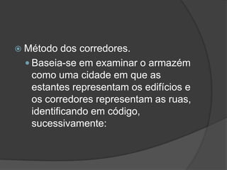  Prateleiras da estante em que se encontra o material.Método dos corredores.Baseia-se em examinar o armazém como uma cidade em que as estantes representam os edifícios e os corredores representam as ruas, identificando em código, sucessivamente: