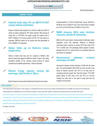 CAPITALSTARS FINANCIAL RESEARCH PVT. LTD.
Daily Equity Report
r
MARKET TALKS
Ended December 31, 2014 (YoY):Net Profit rose by 108.93% to
Rs196.34 crore Vs Rs93.97 crore (YoY).Total Income increased
by 41.91% to Rs1216.88 crore Vs Rs857.47 crore (YoY).
 M&M January 2014 auto division
volumes ahead of estimates
M&M Jan 2014 auto division volumes ahead of estimates; tractor
dispatches in-line with estimates. Mahindra & Mahindra
automotive division volumes for January 2015 were down 6.5%
YoY to 39,930 units. The passenger vehicle segment volumes,
although down 5% YoY, grew by 8.6% of a sequential basis and
were above our estimates.
 Government releases revised
estimates of GDP
Government releases revised estimates of GDP with new base
year. The central statistics office CSO has come out with a new
series of national accounts with 2011-12 as base year for
computing economic growth rate. Post the revision, FY14 GDP
growth stands at 6.9% (from 4.7%) and FY13 at 5.1%.This
changes are done once in five years to keep pace with the
changes in the economy.
 Gabriel India dips 4% as Q3FY15 PAT
comes below estimates
Shares of Gabriel India dropped 4% to Rs100 on NSE post Q3FY15
results as topline disappoints; PAT below estimate. After growing at
nearly 20% in H1FY2015, the topline growth for Gabriel India in
Q3FY15 faltered. The revenue growth at 5.9% YoY was below our
estimates. EBITDA margins for the quarter were flat sequentially at
8.0% (120BPS YoY expansion).
 Dabur India up as Nomura raises
target price
Shares of Dabur India rose over 2%, touching to Rs262.8, after
Nomura raises price target to Rs296 from Rs251, retains ' Buy' rating.
Diversified portfolio of the company should continue to deliver
consistent and profitable performance - Nomura Securities
 Bharat Forge reports strong Q3
earnings; Net Profit at 196 cr
Bharat Forge has announced the following Q3 results for the quarter
The information and views in this report, our website & all the service we provide are believed to be reliable, but we do not accept any
responsibility (or liability) for errors of fact or opinion. Users have the right to choose the product/s that suits them the most.
Use of this report in no way constitutes a client/advisor relationship, all information we communicate to you (the subscriber) either through
our Web site or other forms of communications, are purely for informational purposes only. We recommend seeking individual investment
advice before making any investment, for you are assuming sole liability for your investments. Capital Stars will in no way have discretionary
authority over your trading or investment accounts.
All rights reserved.
DISCLAIMER
 
