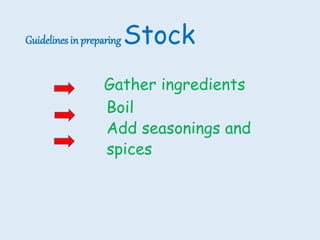 Guidelines in preparingStock
Gather ingredients
Boil
Add seasonings and
spices
 