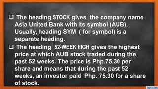  The heading STOCK gives the company name
Asia United Bank with its symbol (AUB).
Usually, heading SYM ( for symbol) is a
separate heading.
 The heading 52-WEEK HIGH gives the highest
price at which AUB stock traded during the
past 52 weeks. The price is Php.75.30 per
share and means that during the past 52
weeks, an investor paid Php. 75.30 for a share
of stock.
 