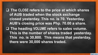  The CLOSE refers to the price at which shares
of AUB traded when the stock exchange
closed yesterday. This no. is 70. Yesterday,
AUB’s closing price was Php. 70.00 a share.
 The heading VOLUME refers to sales volume.
This is the number of shares traded yesterday.
This no. is 30,800. This means that yesterday,
there were 30,000 shares traded.
 