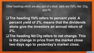Other headings which are also part of a stock table are Yld%, Net Chg,
and PE.
The heading Yld% refers to percent yield. A
percent yield of 2%, means that the dividends
alone give the investors an annual return of
2%.
The heading Net Chg refers to net change. This
is the change in price from the market close
two days ago to yesterday’s market close.
 