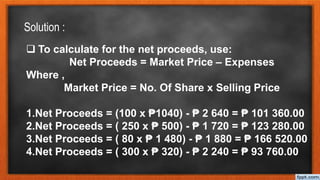  To calculate for the net proceeds, use:
Net Proceeds = Market Price – Expenses
Where ,
Market Price = No. Of Share x Selling Price
1.Net Proceeds = (100 x ₱1040) - ₱ 2 640 = ₱ 101 360.00
2.Net Proceeds = ( 250 x ₱ 500) - ₱ 1 720 = ₱ 123 280.00
3.Net Proceeds = ( 80 x ₱ 1 480) - ₱ 1 880 = ₱ 166 520.00
4.Net Proceeds = ( 300 x ₱ 320) - ₱ 2 240 = ₱ 93 760.00
Solution :
 