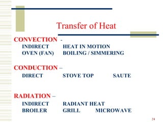 CONVECTION  -  INDIRECT HEAT IN MOTION OVEN (FAN) BOILING / SIMMERING CONDUCTION  –  DIRECT STOVE TOP  SAUTE RADIATION   –  INDIRECT RADIANT HEAT BROILER  GRILL MICROWAVE Transfer of Heat 