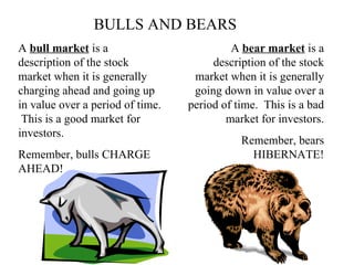 BULLS AND BEARS A  bull market  is a description of the stock market when it is generally charging ahead and going up in value over a period of time.  This is a good market for investors. Remember, bulls CHARGE AHEAD! A  bear market  is a description of the stock market when it is generally going down in value over a period of time.  This is a bad market for investors. Remember, bears HIBERNATE! 