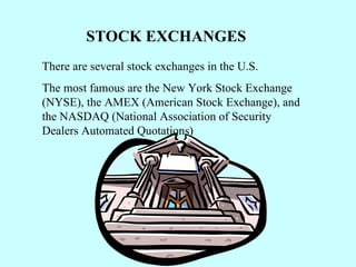 STOCK EXCHANGES There are several stock exchanges in the U.S. The most famous are the New York Stock Exchange (NYSE), the AMEX (American Stock Exchange), and the NASDAQ (National Association of Security Dealers Automated Quotations) 