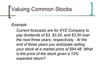 Valuing Common Stocks

Example
  Current forecasts are for XYZ Company to
  pay dividends of $3, $3.24, and $3.50 over
  the next three years, respectively. At the
  end of three years you anticipate selling
  your stock at a market price of $94.48. What
  is the price of the stock given a 12%
  expected return?
 