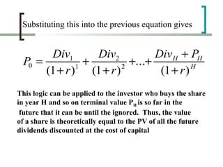 Substituting this into the previous equation gives


       Div1       Div2          Div H + PH
 P0 =           +         +...+
      (1 + r ) (1 + r )
              1         2
                                 (1 + r ) H


This logic can be applied to the investor who buys the share
in year H and so on terminal value PH is so far in the
 future that it can be until the ignored. Thus, the value
of a share is theoretically equal to the PV of all the future
dividends discounted at the cost of capital
 