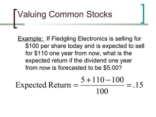 Valuing Common Stocks

Example: If Fledgling Electronics is selling for
  $100 per share today and is expected to sell
  for $110 one year from now, what is the
  expected return if the dividend one year
  from now is forecasted to be $5.00?

                  5 + 110 − 100
Expected Return =               = .15
                       100
 
