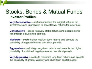Stocks, Bonds & Mutual Funds
Very Conservative – seeks to maintain the original value of the
investments and is prepared to accept lower returns for lower risk.
Conservative – seeks relatively stable returns and accepts some
risk through a diversified portfolio.
Moderate – seeks higher medium-term returns and accepts the
possibility of negative returns over short periods.
Aggressive – seeks high long-term returns and accepts the higher
possibility of sustained negative returns over short periods.
Very Aggressive – seeks to maximize long-term returns and accepts
the possibility of greater volatility and short-term capital losses.
Investor Profiles
 