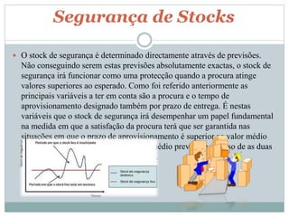 Segurança de Stocks 
 O stock de segurança é determinado directamente através de previsões. 
Não conseguindo serem estas previsões absolutamente exactas, o stock de 
segurança irá funcionar como uma protecção quando a procura atinge 
valores superiores ao esperado. Como foi referido anteriormente as 
principais variáveis a ter em conta são a procura e o tempo de 
aprovisionamento designado também por prazo de entrega. É nestas 
variáveis que o stock de segurança irá desempenhar um papel fundamental 
na medida em que a satisfação da procura terá que ser garantida nas 
situações em que o prazo de aprovisionamento é superior ao valor médio 
previsto, a procura é superior ao valor médio previsto e no caso de as duas 
situações acontecerem simultaneamente. 
