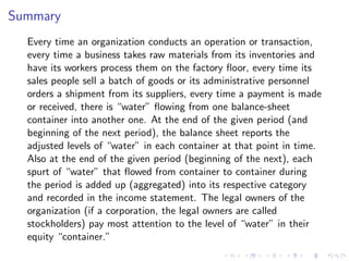 Summary
  Every time an organization conducts an operation or transaction,
  every time a business takes raw materials from its inventories and
  have its workers process them on the factory ﬂoor, every time its
  sales people sell a batch of goods or its administrative personnel
  orders a shipment from its suppliers, every time a payment is made
  or received, there is “water” ﬂowing from one balance-sheet
  container into another one. At the end of the given period (and
  beginning of the next period), the balance sheet reports the
  adjusted levels of “water” in each container at that point in time.
  Also at the end of the given period (beginning of the next), each
  spurt of “water” that ﬂowed from container to container during
  the period is added up (aggregated) into its respective category
  and recorded in the income statement. The legal owners of the
  organization (if a corporation, the legal owners are called
  stockholders) pay most attention to the level of “water” in their
  equity “container.”
 