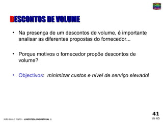 D ESCONTOS DE VOLUME Na presença de um descontos de volume, é importante analisar as diferentes propostas do fornecedor... Porque motivos o fornecedor propõe descontos de volume? Objectivos :  minimizar custos e nível de serviço elevado ! 
