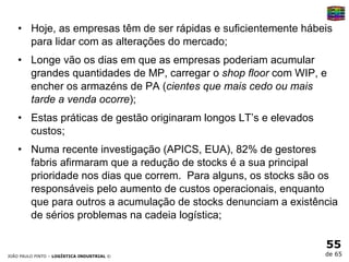 Hoje, as empresas têm de ser rápidas e suficientemente hábeis para lidar com as alterações do mercado; Longe vão os dias em que as empresas poderiam acumular grandes quantidades de MP, carregar o  shop floor  com WIP, e encher os armazéns de PA ( cientes que mais cedo ou mais tarde a venda ocorre ); Estas práticas de gestão originaram longos LT’s e elevados custos; Numa recente investigação (APICS, EUA), 82% de gestores fabris afirmaram que a redução de stocks é a sua principal prioridade nos dias que correm.  Para alguns, os stocks são os responsáveis pelo aumento de custos operacionais, enquanto que para outros a acumulação de stocks denunciam a existência de sérios problemas na cadeia logística; 