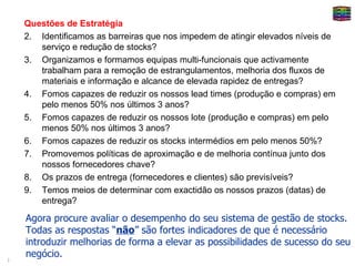 Questões de Estratégia Identificamos as barreiras que nos impedem de atingir elevados níveis de serviço e redução de stocks? Organizamos e formamos equipas multi-funcionais que activamente trabalham para a remoção de estrangulamentos, melhoria dos fluxos de materiais e informação e alcance de elevada rapidez de entregas? Fomos capazes de reduzir os nossos lead times (produção e compras) em pelo menos 50% nos últimos 3 anos? Fomos capazes de reduzir os nossos lote (produção e compras) em pelo menos 50% nos últimos 3 anos? Fomos capazes de reduzir os stocks intermédios em pelo menos 50%? Promovemos políticas de aproximação e de melhoria contínua junto dos nossos fornecedores chave? Os prazos de entrega (fornecedores e clientes) são previsíveis? Temos meios de determinar com exactidão os nossos prazos (datas) de entrega? Agora procure avaliar o desempenho do seu sistema de gestão de stocks.  Todas as respostas “ não ” são fortes indicadores de que é necessário introduzir melhorias de forma a elevar as possibilidades de sucesso do seu negócio. 