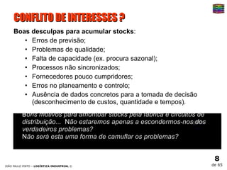 CONFLITO DE INTERESSES ? Boas desculpas para acumular stocks : Erros de previsão; Problemas de qualidade; Falta de capacidade (ex. procura sazonal); Processos não sincronizados; Fornecedores pouco cumpridores; Erros no planeamento e controlo; Ausência de dados concretos para a tomada de decisão (desconhecimento de custos, quantidade e tempos). B ons motivos para amontoar stocks pela fabrica e circuitos de distribuição...  N ão estaremos apenas a escondermos-nos dos verdadeiros problemas?  N ão será esta uma forma de camuflar os problemas?  