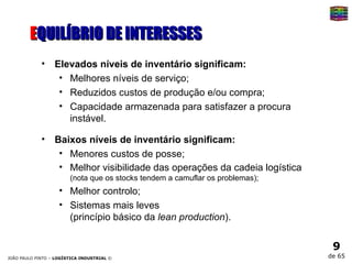 E QUILÍBRIO DE INTERESSES Elevados níveis de inventário significam: Melhores níveis de serviço; Reduzidos custos de produção e/ou compra; Capacidade armazenada para satisfazer a procura instável. Baixos níveis de inventário significam: Menores custos de posse; Melhor visibilidade das operações da cadeia logística  (nota que os stocks tendem a camuflar os problemas); Melhor controlo; Sistemas mais leves  (princípio básico da  lean production ). 