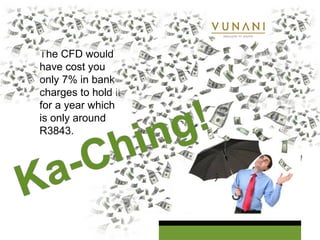 The CFD would 
have cost you 
only 7% in bank 
charges to hold it 
for a year which 
is only around 
R3843. 
 