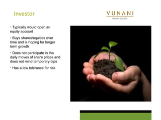Investor 
• Typically would open an 
equity account 
• Buys shares/equities over 
time and is hoping for longer 
term growth 
• Does not participate in the 
daily moves of share prices and 
does not mind temporary dips 
• Has a low tolerance for risk 
 